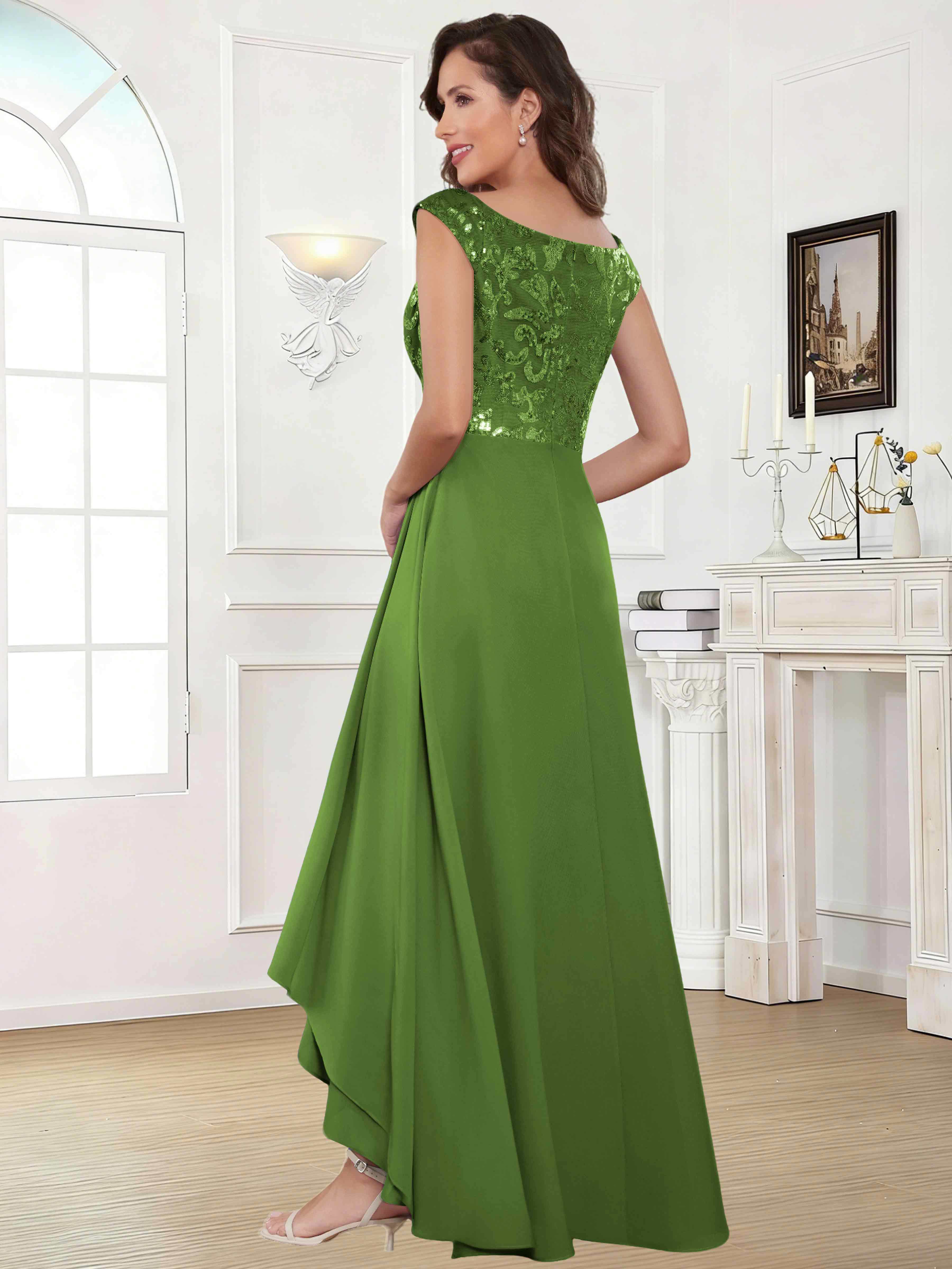 ROVDESY Tea Length Off-The-Shoulder Sequin Chiffon Mother Of The Bride Dress