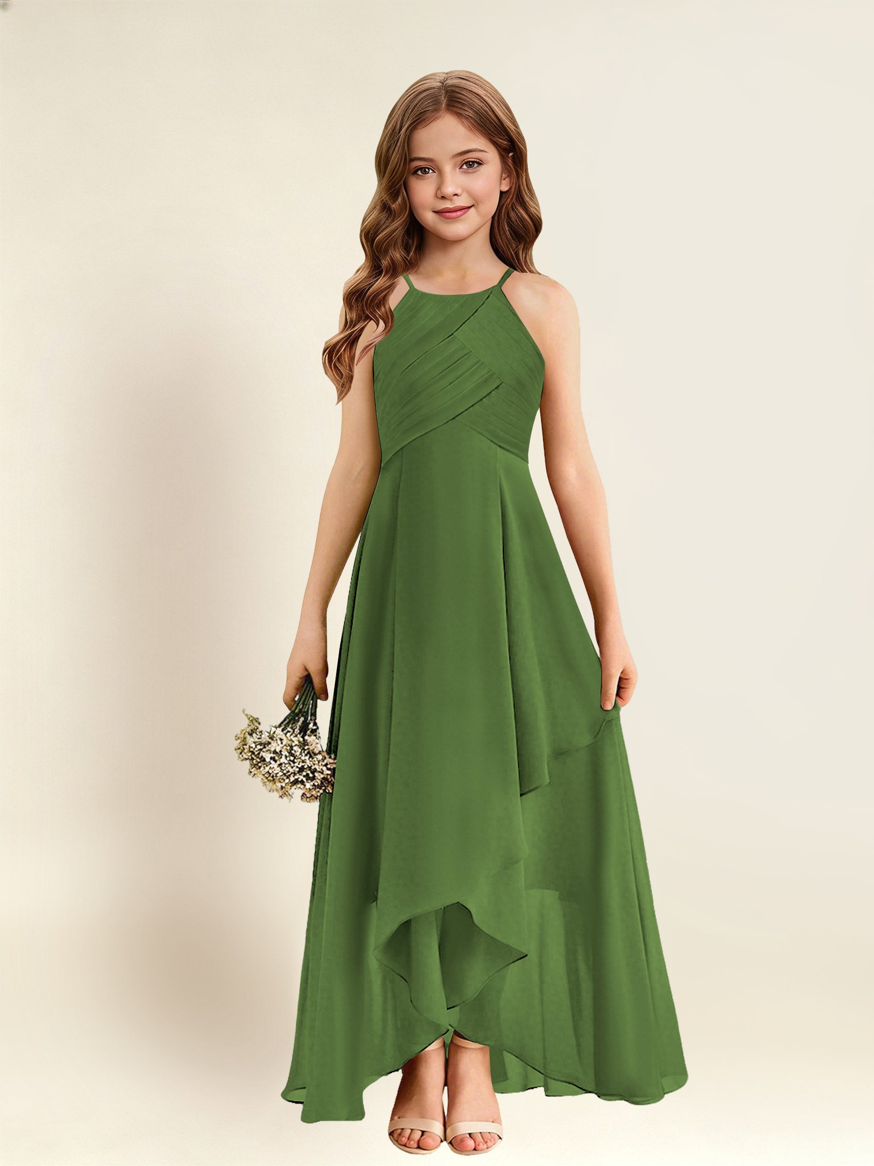 ROVDESY A-Line Halter Pleated Chiffon Junior Bridesmaid Dress