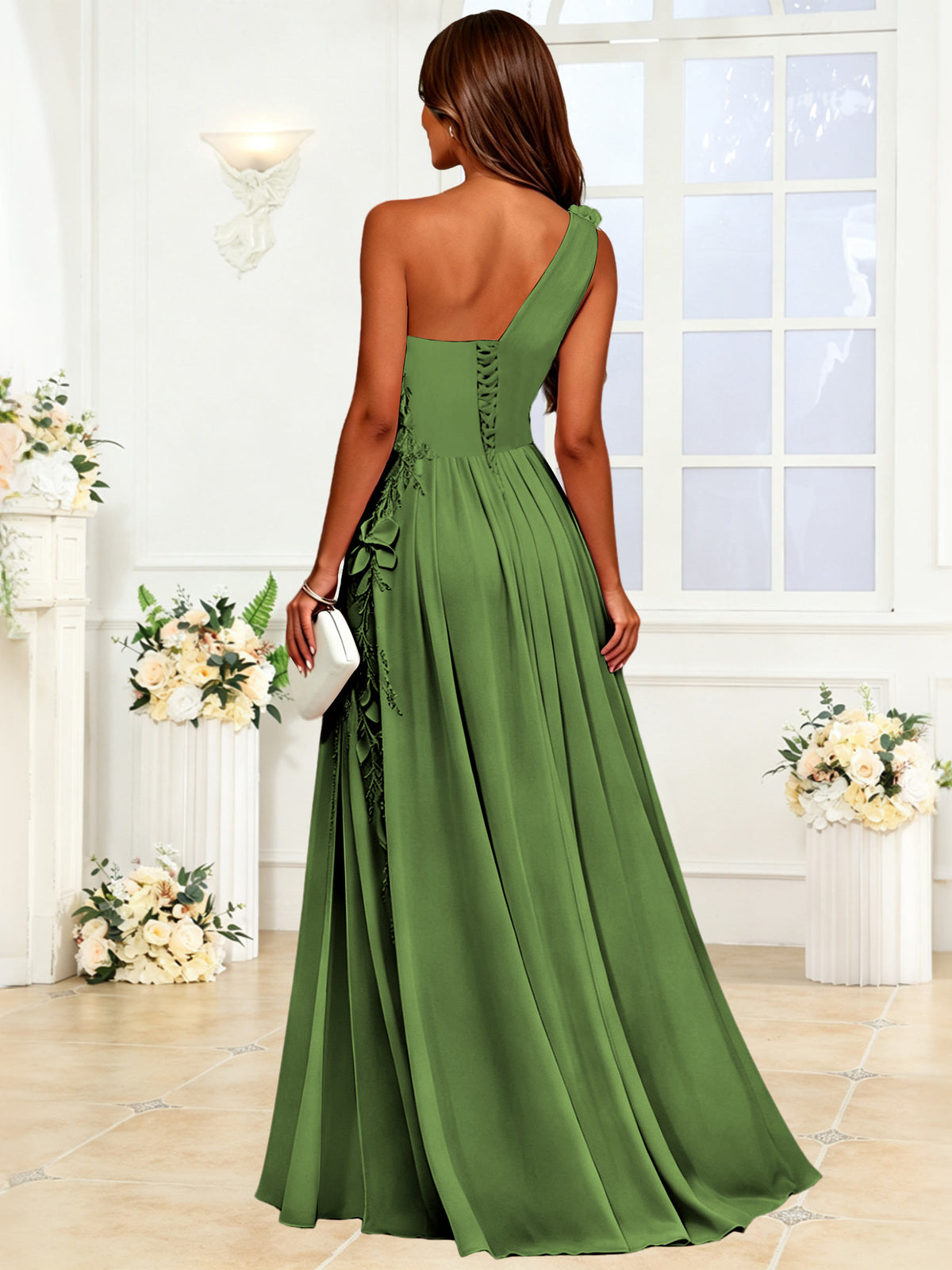 One Shoulder 3D Flower Chiffon Bridesmaid Dress with Slit