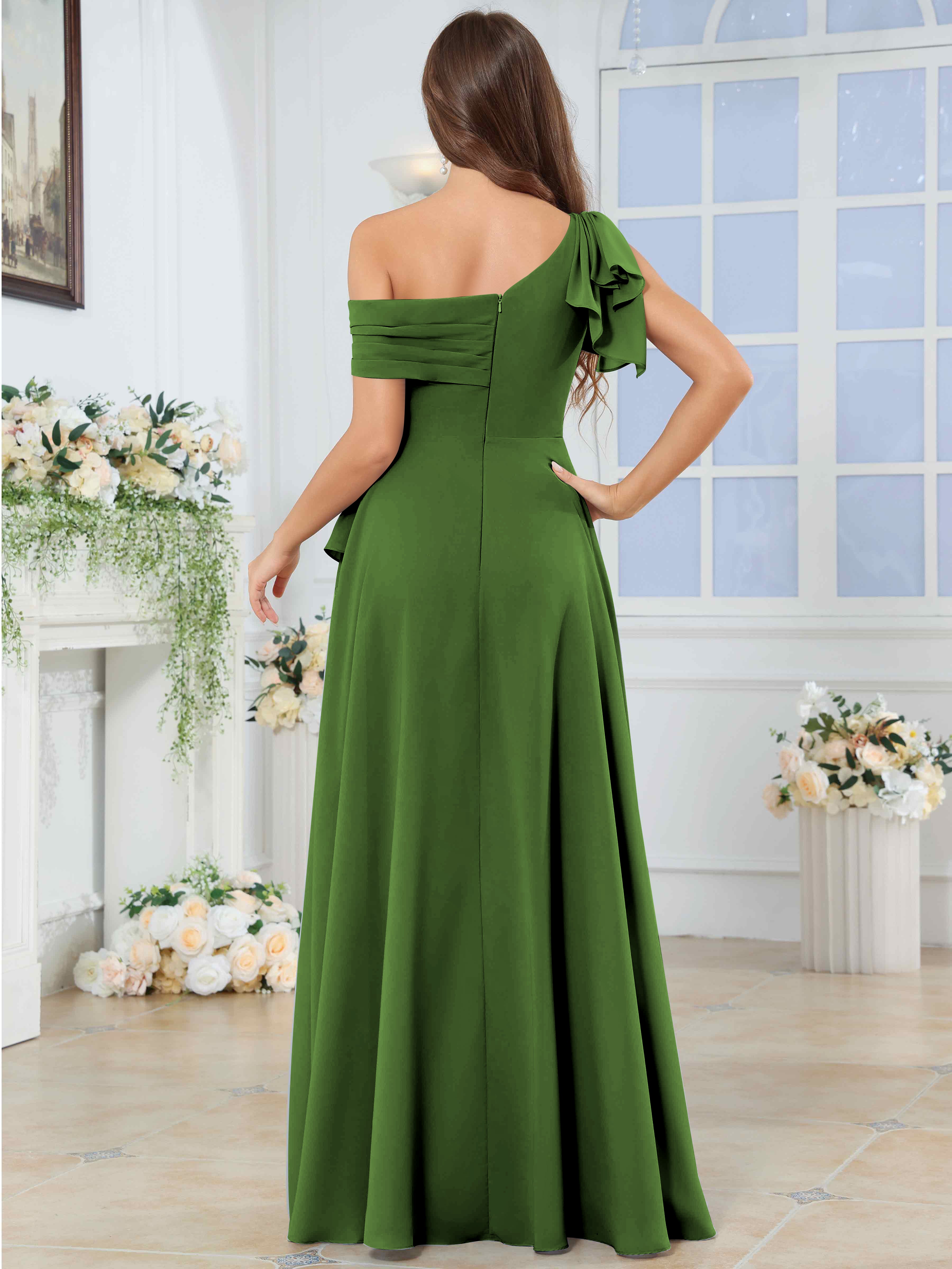 ROVDESY One Shoulder Pleated Ruffle Chiffon Bridesmaid Dress With Slit