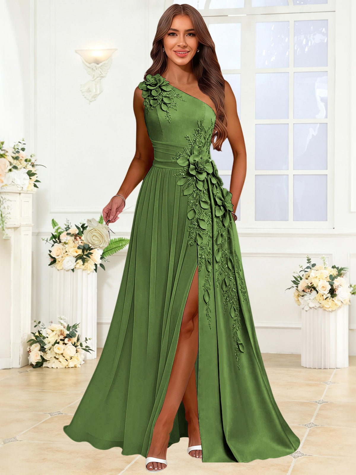One Shoulder 3D Flower Chiffon Bridesmaid Dress with Slit