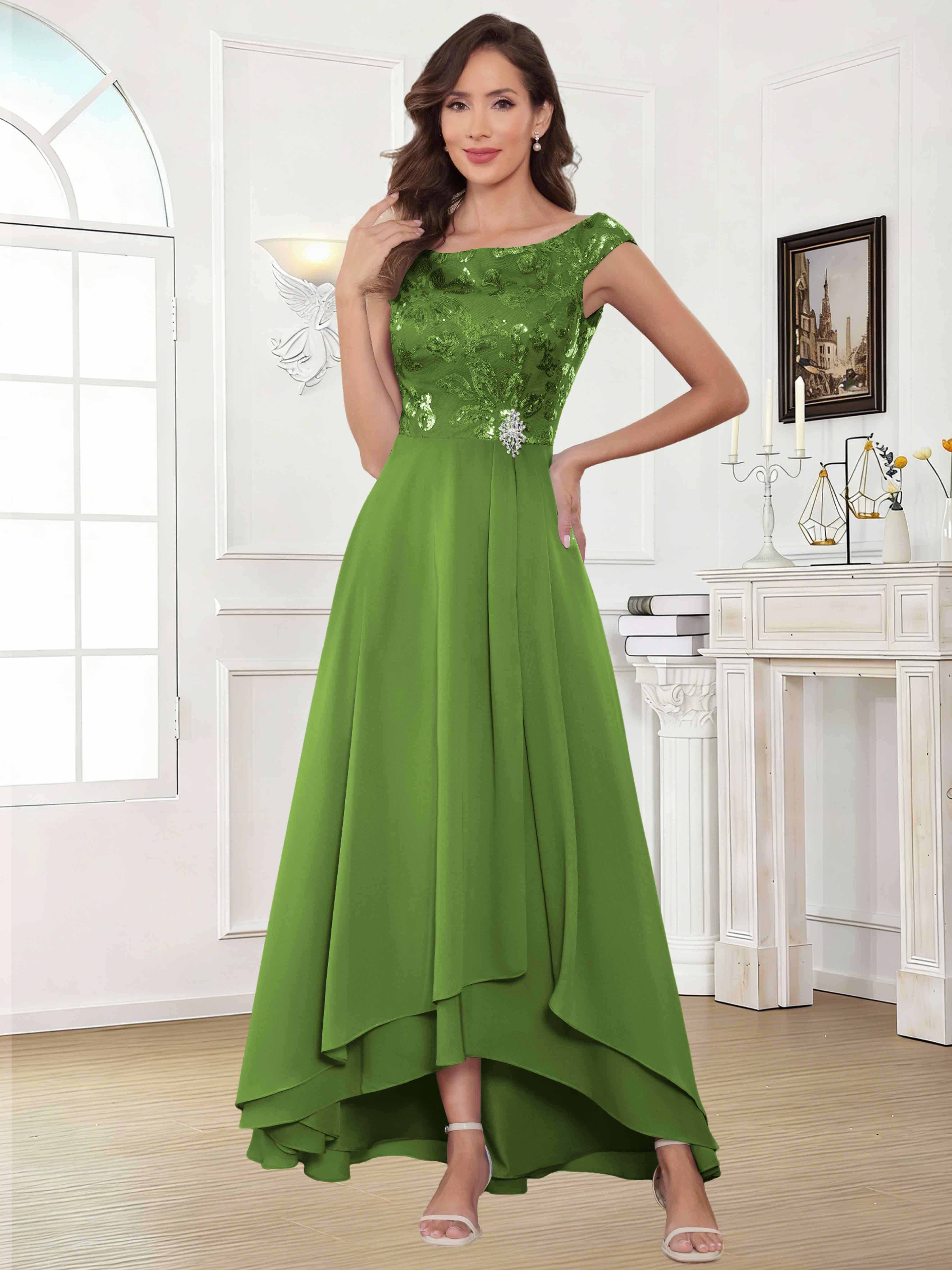 ROVDESY Tea Length Off-The-Shoulder Sequin Chiffon Mother Of The Bride Dress