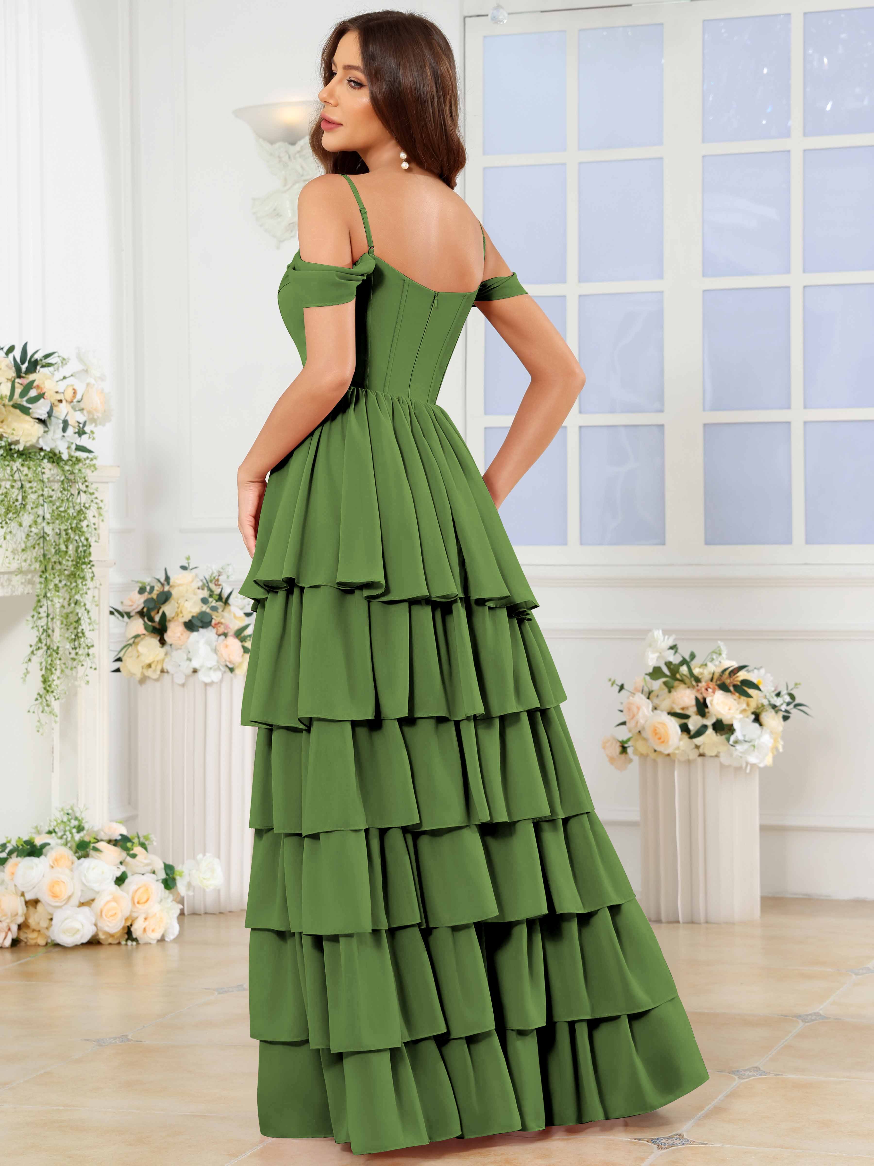 ROVDESY A-Line Off The Shoulder Tiered Chiffon Bridesmaid/Prom Dress With Slit