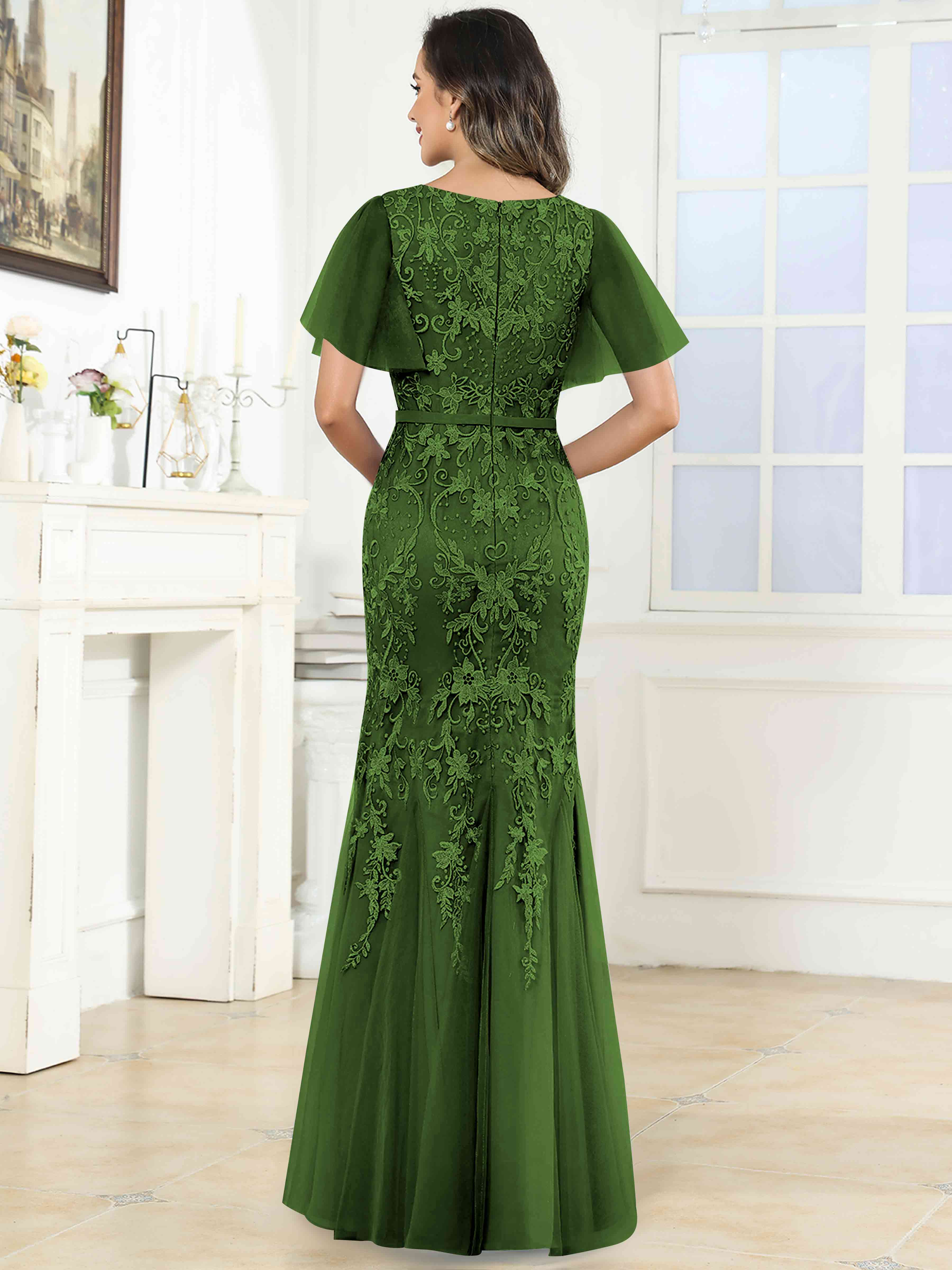 ROVDESY Elegant V-Neck Lace Mermaid Long Mother Of The Bride Dress Formal Gown With Sleeves