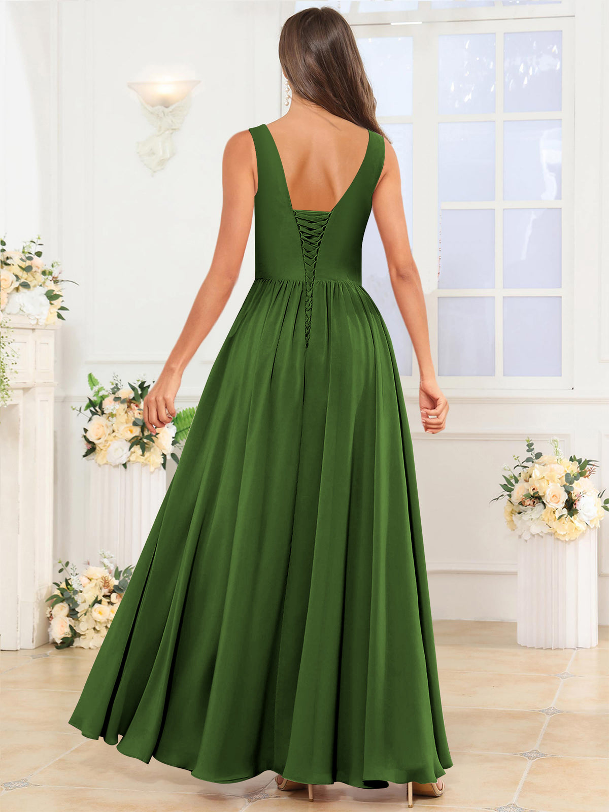 V Neck Chiffon A Line Bridesmaid Dress with Slit