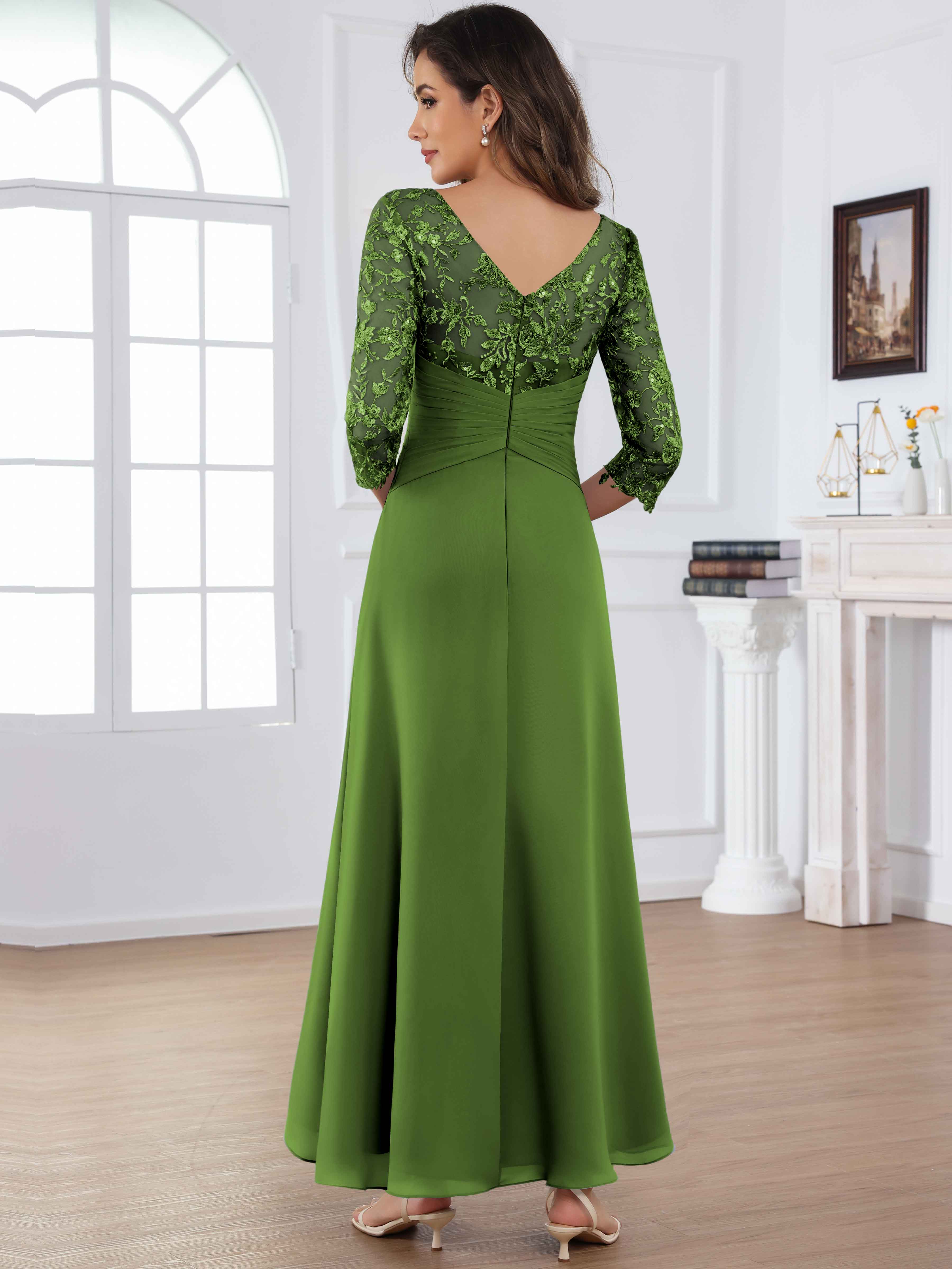 ROVDESY Tea Length Lace Chiffon Mother of The Bride Dress with 3/4 Sleeves