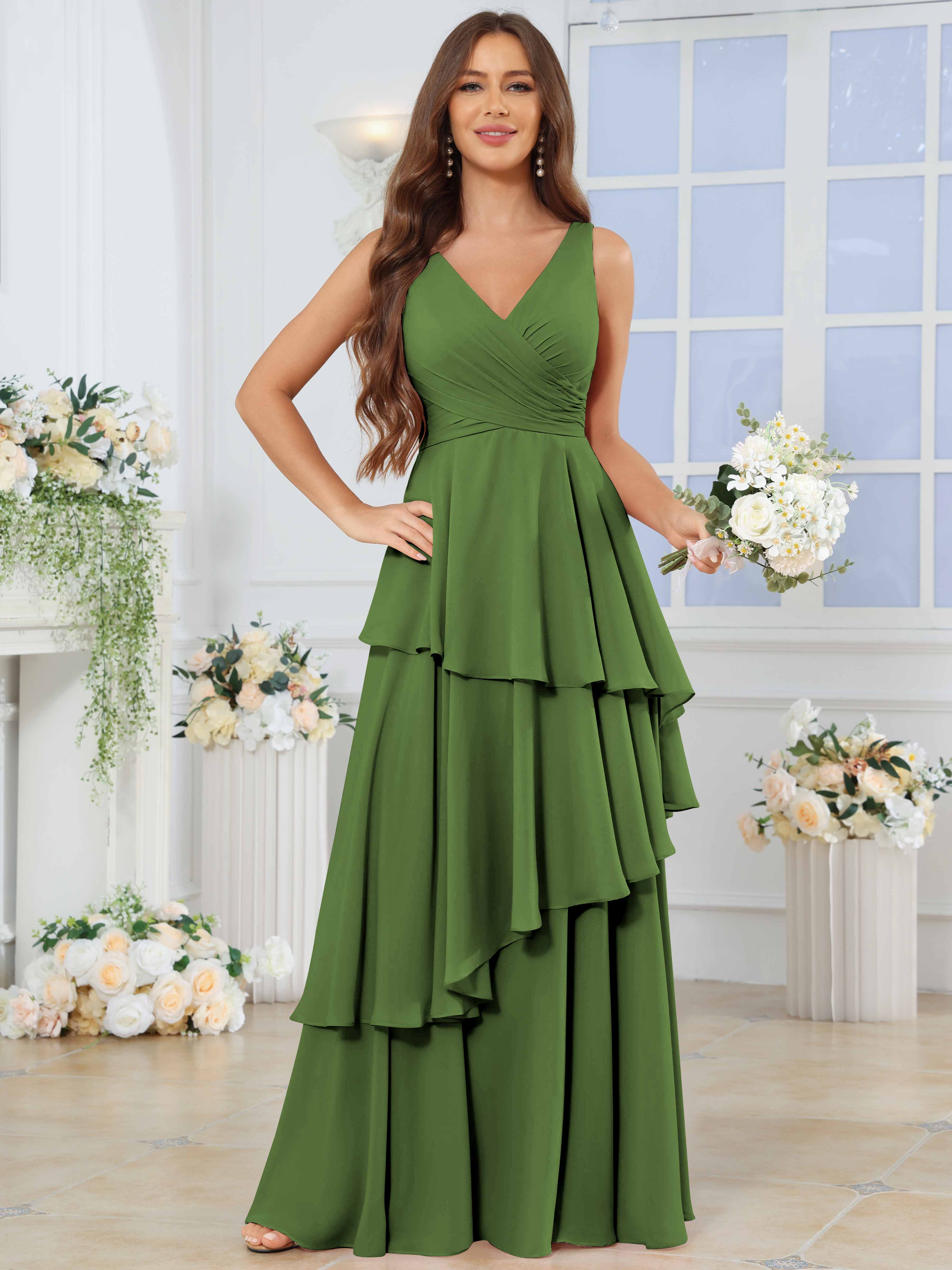ROVDESY Long Sleeveless V-Neck Tiered Pleated Chiffon Bridesmaid Dress