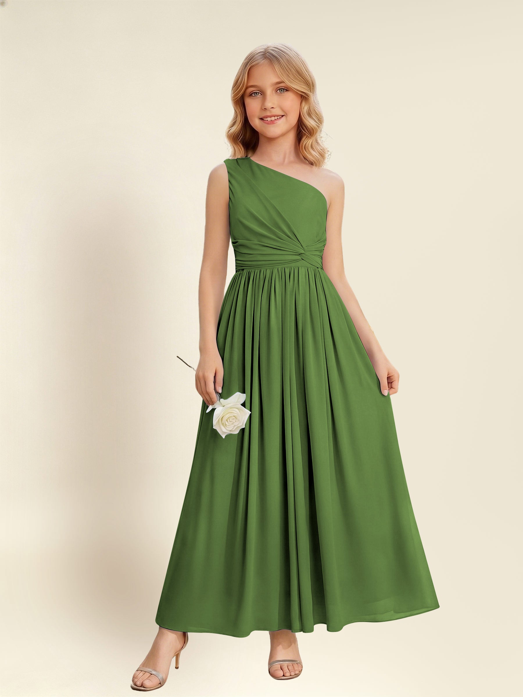 ROVDESY One Shoulder Twist Waist Chiffon Junior Bridesmaid Maxi Dress