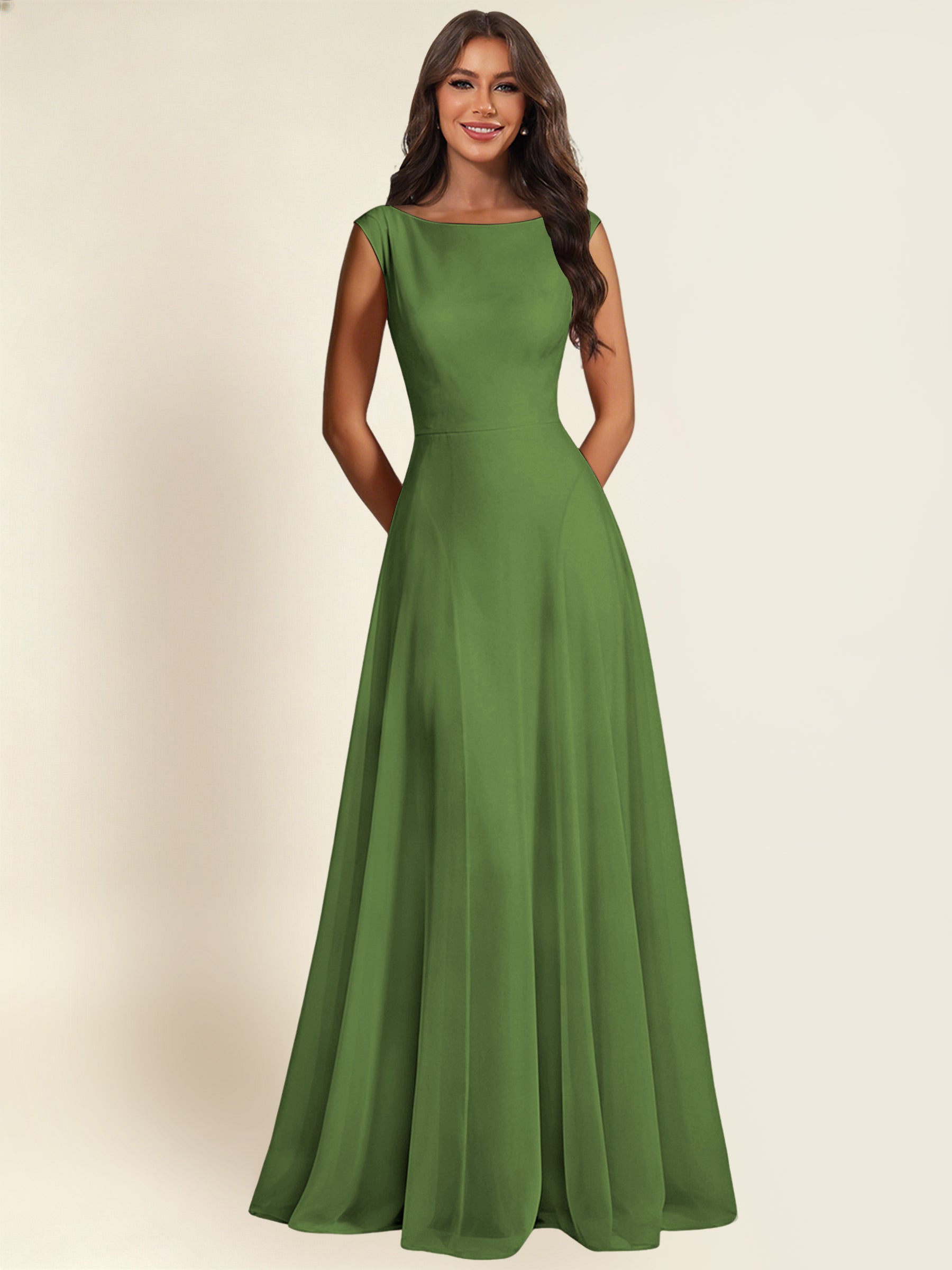 ROVDESY A-Line Chiffon Long Bridesmaid Dress With Sleeveless