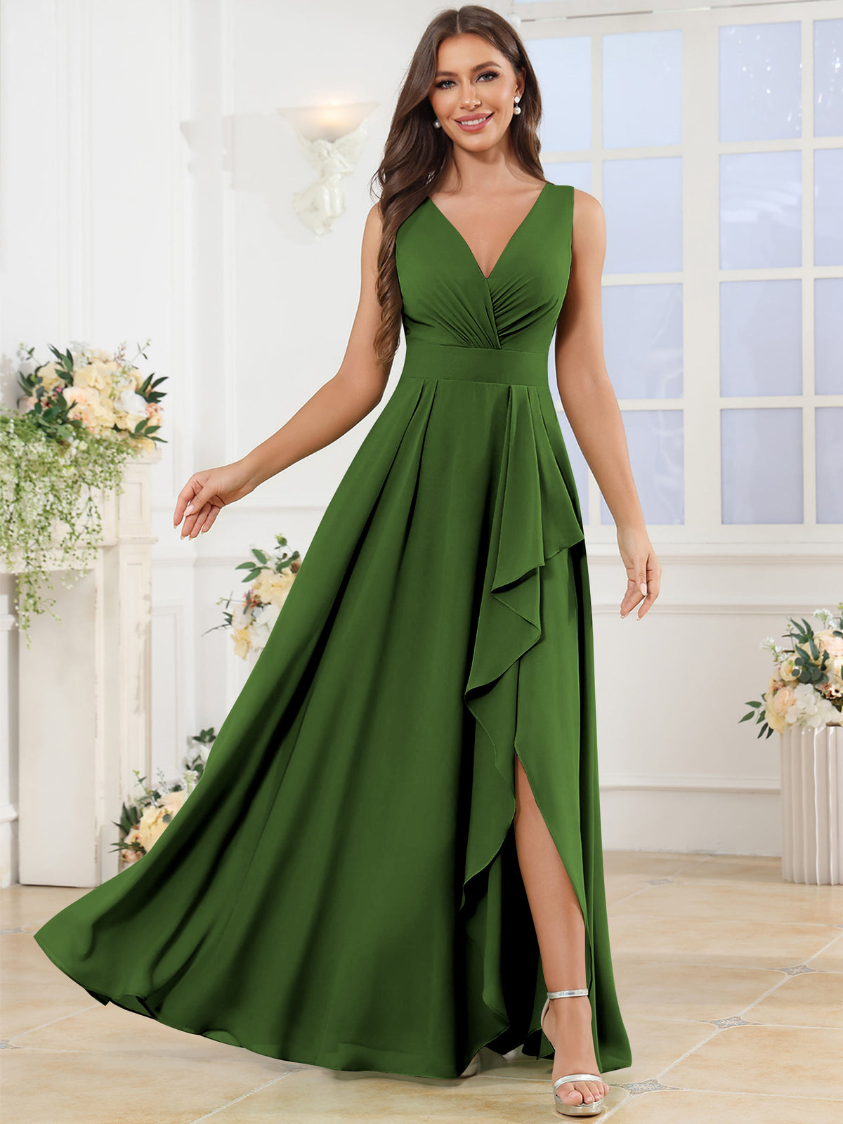 V Neck Chiffon A Line Ruffle Bridesmaid Dress with Slit