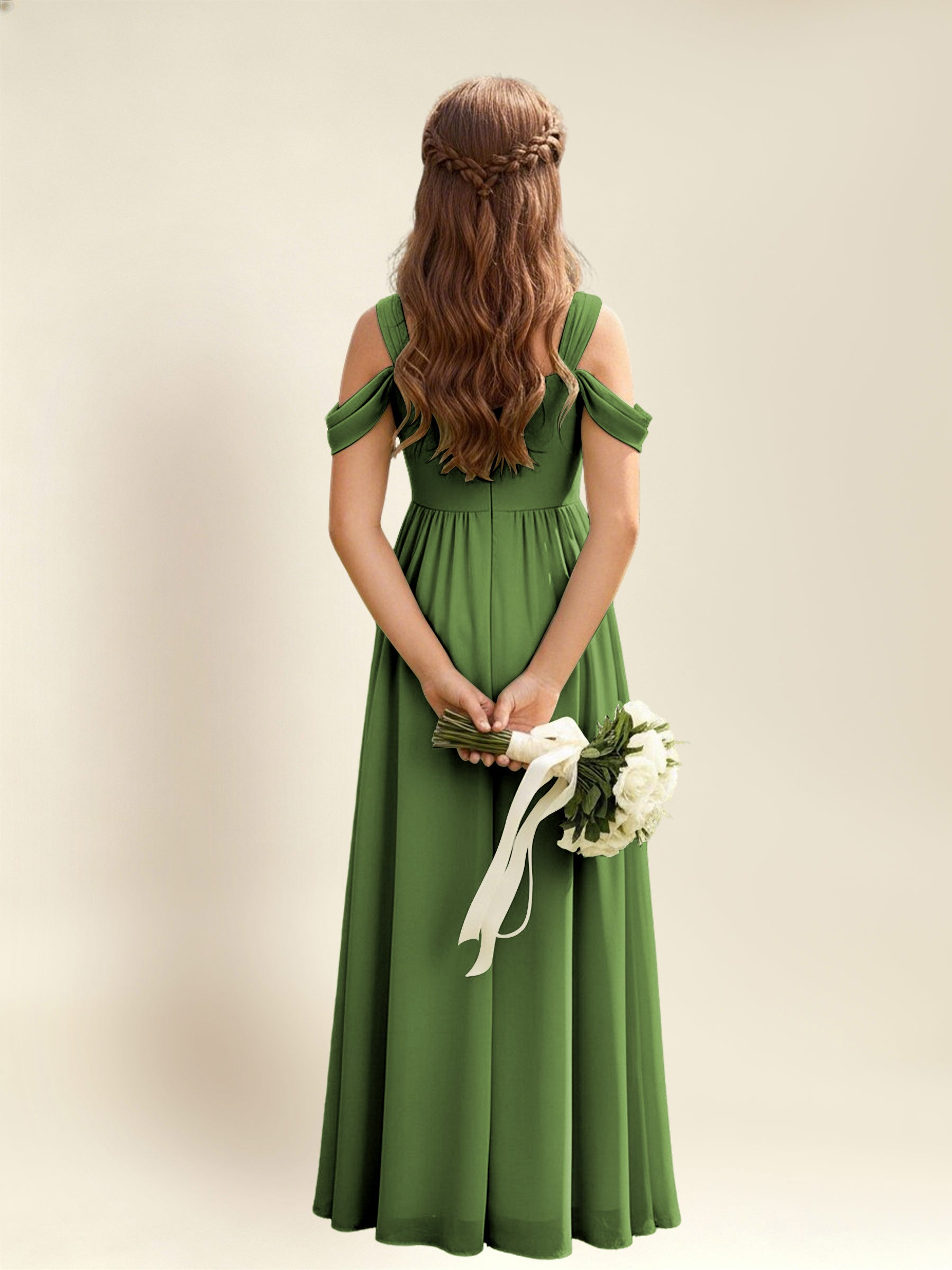 ROVDESY A-Line Off The Shoulder Pleated Chiffon Junior Bridesmaid Dress