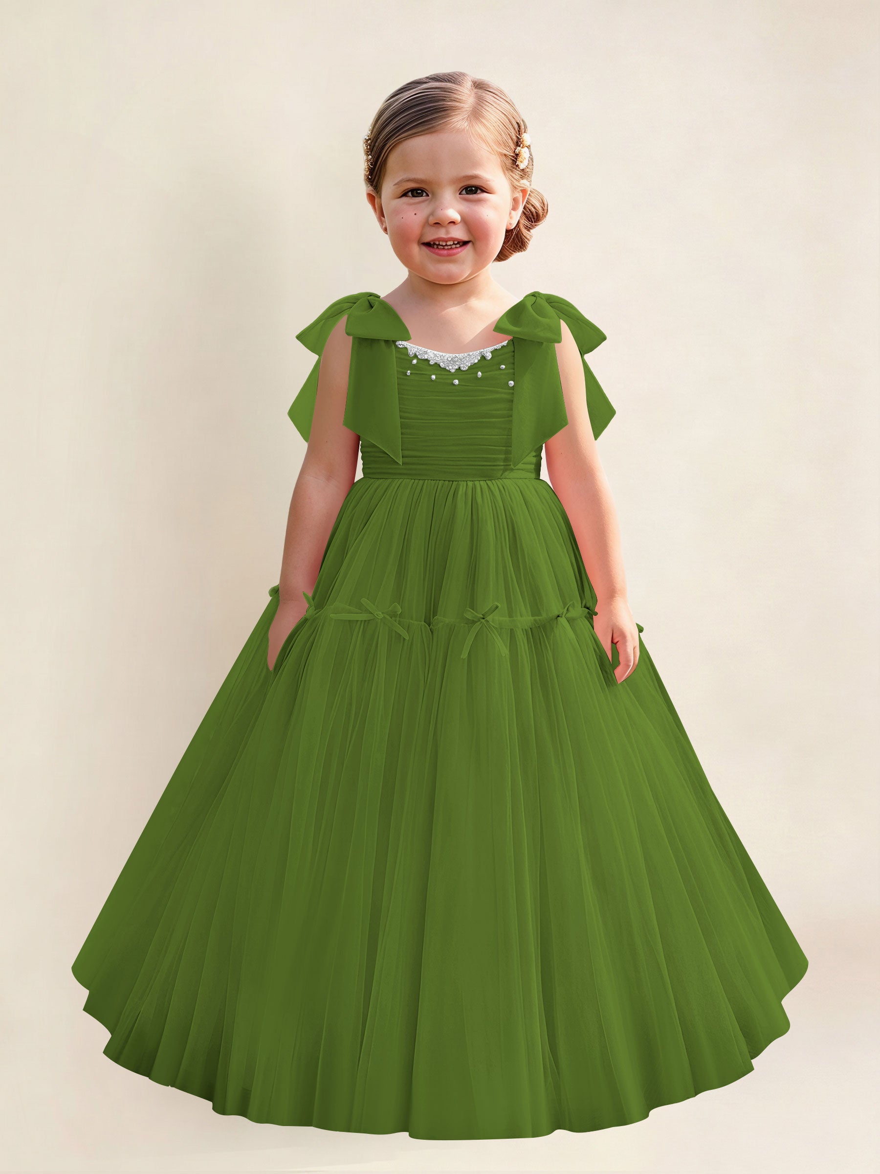 ROVDESY A-Line Tulle Flower Girl Dress With Bow Long Ball Gown Dress
