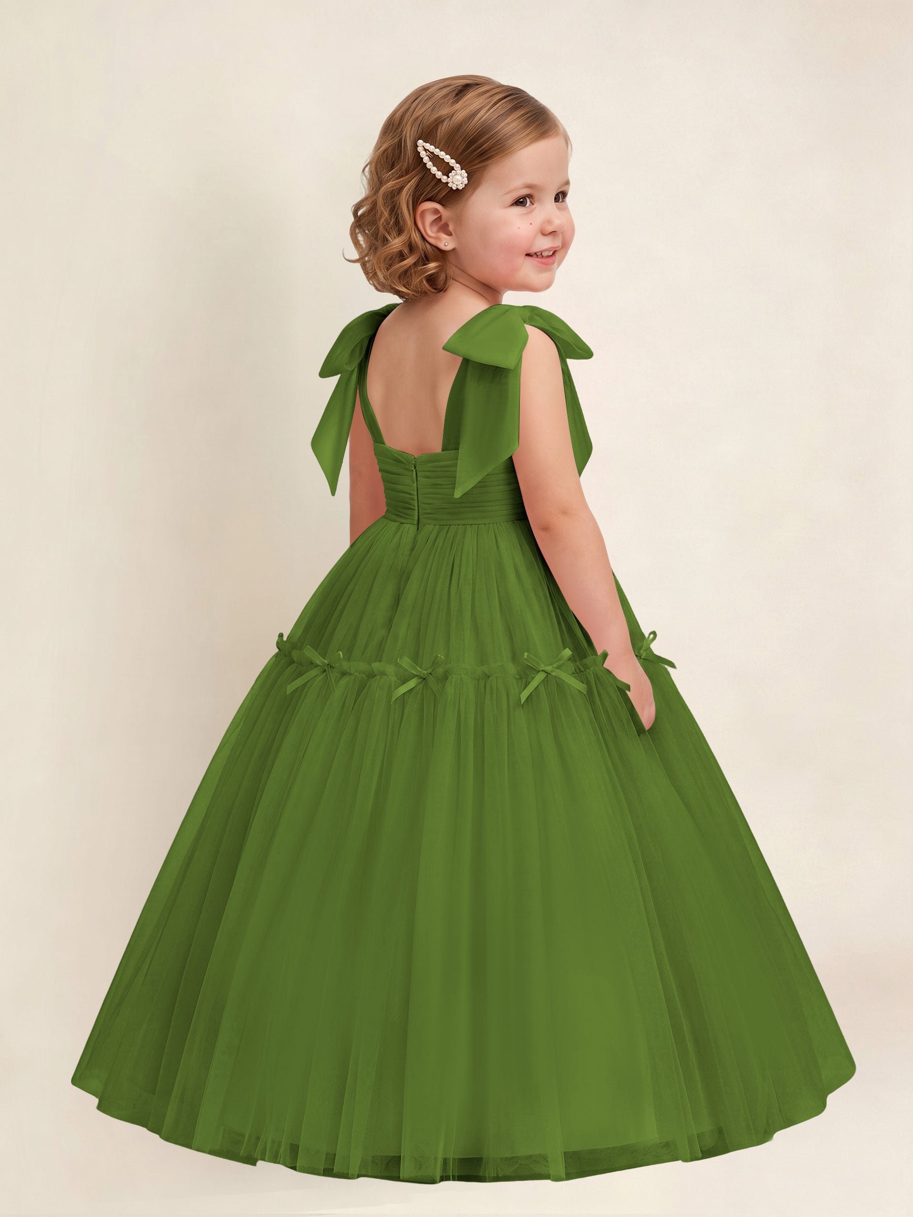 ROVDESY A-Line Tulle Flower Girl Dress With Bow Long Ball Gown Dress