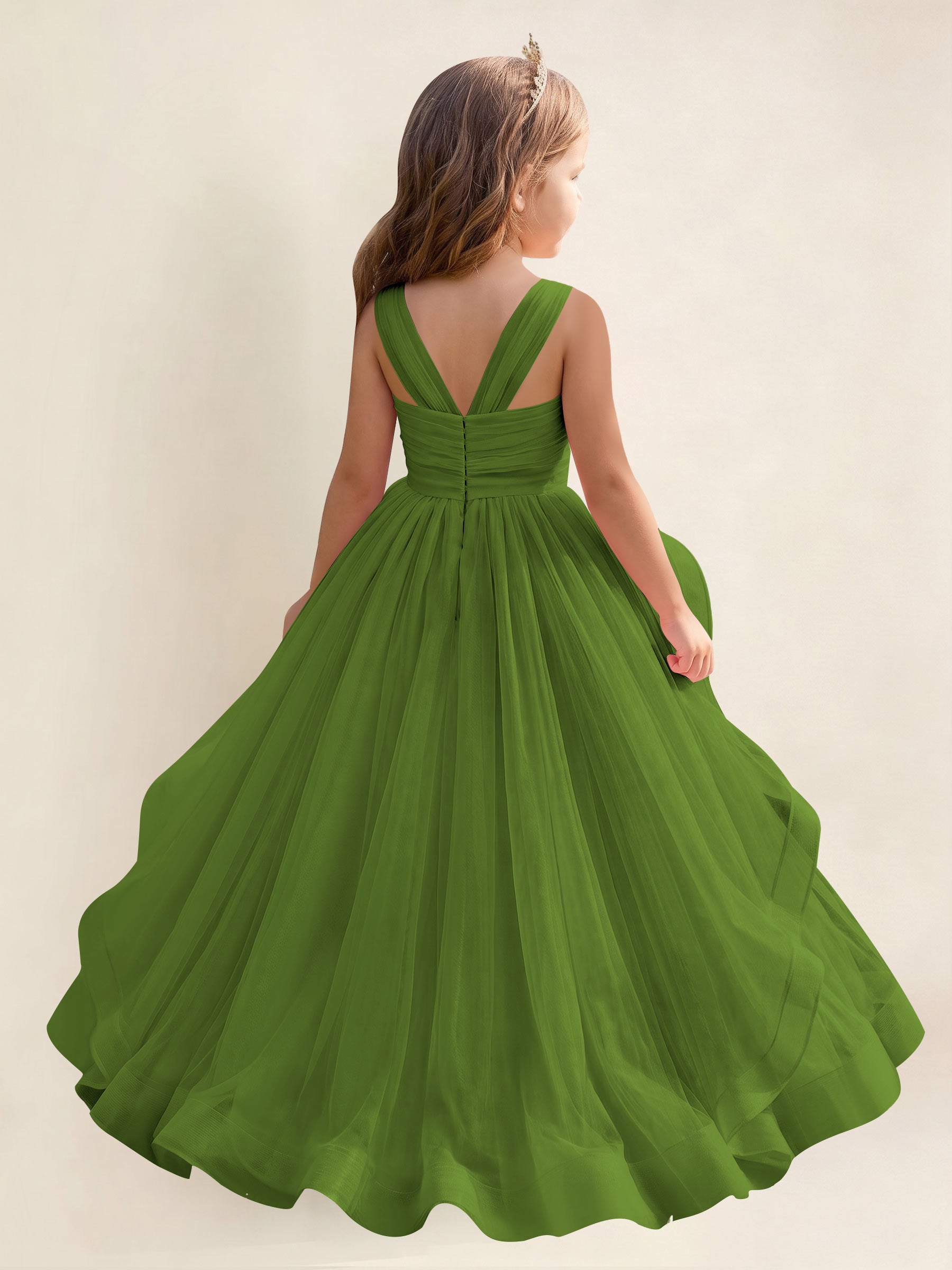 ROVDESY A-Line V-Neck Tulle Flower Girl Dress With Sleeveless Long Ball Gown Dress