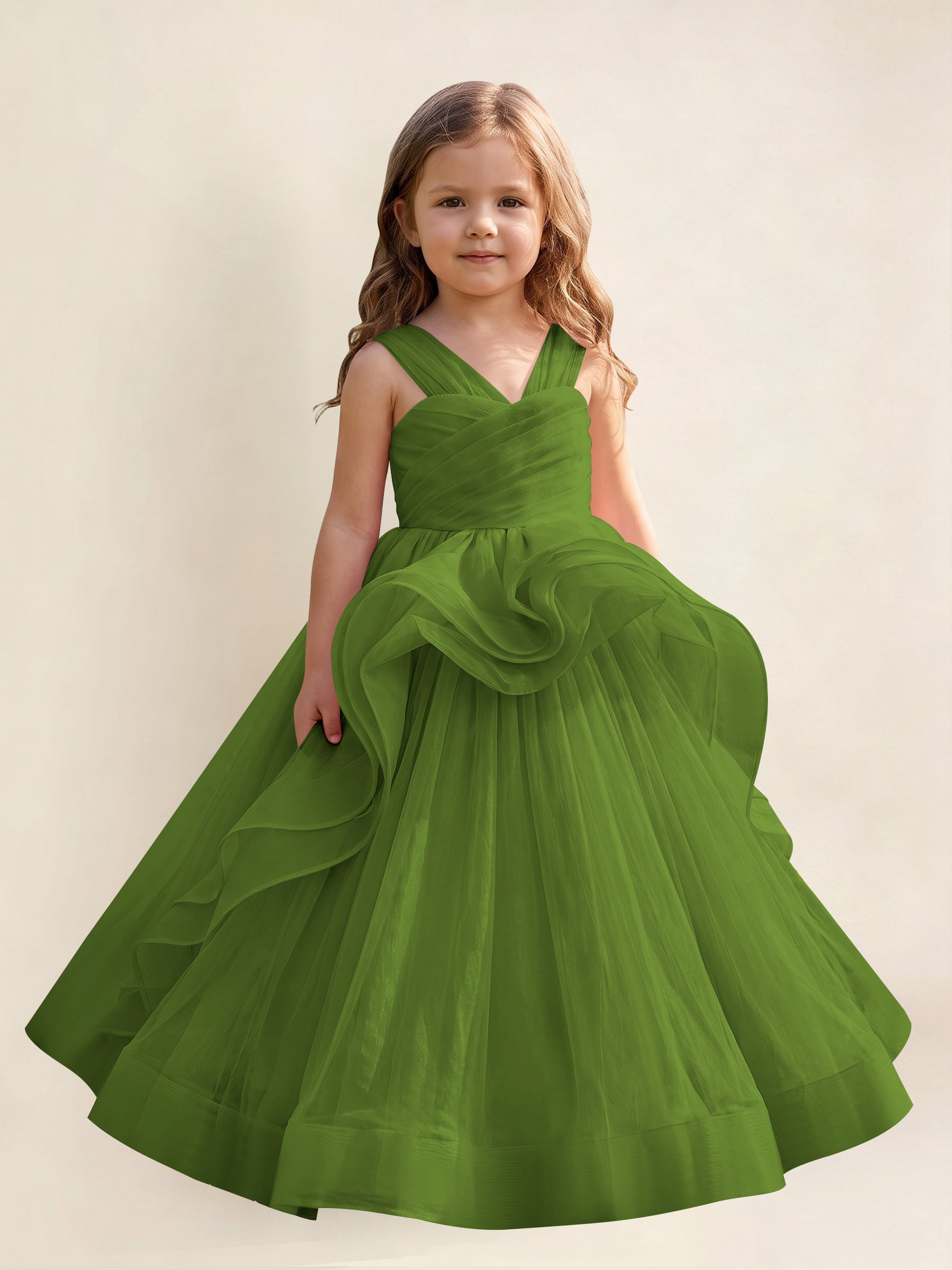ROVDESY A-Line V-Neck Tulle Flower Girl Dress With Sleeveless Long Ball Gown Dress