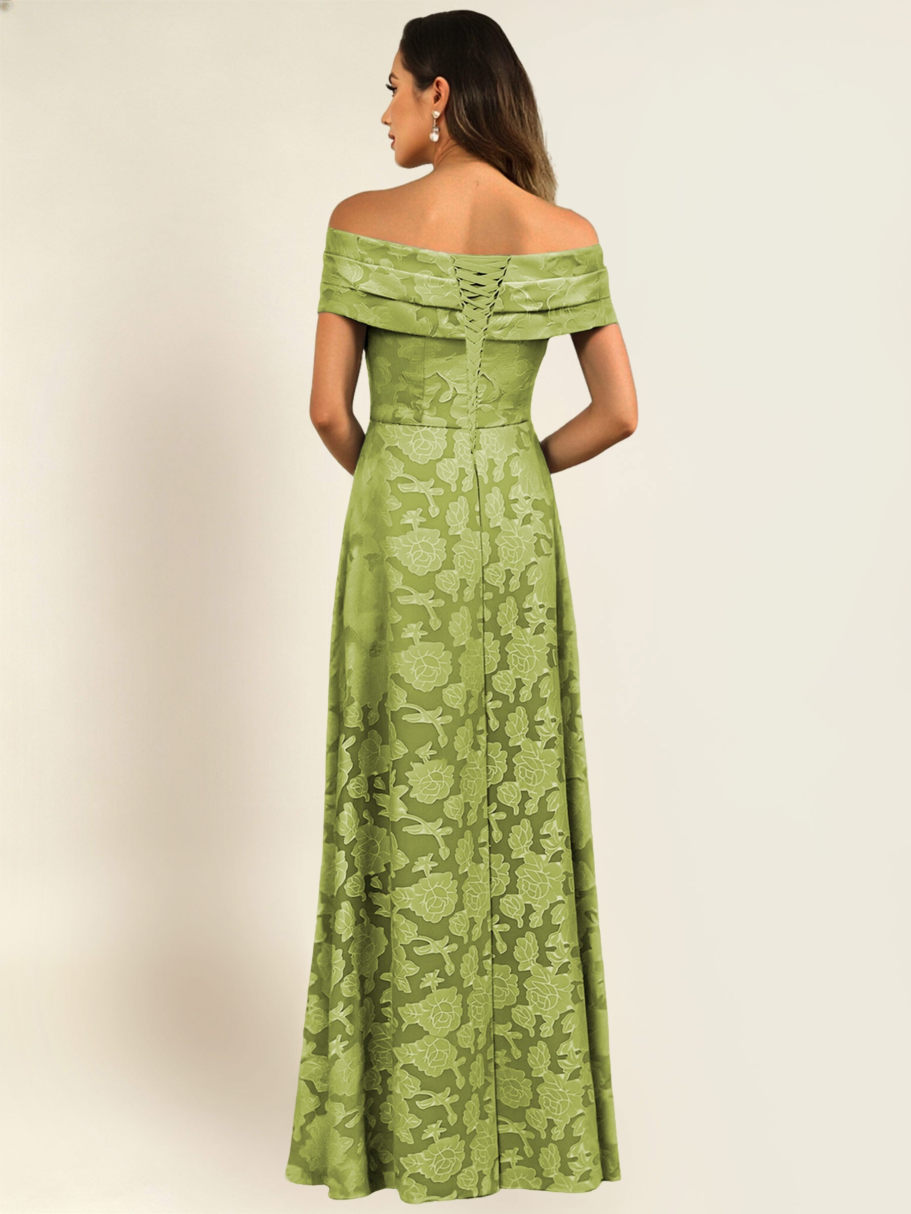 ROVDESY Off the Shoulder Floral Jacquard A-Line Long Mother of the Bride Dress
