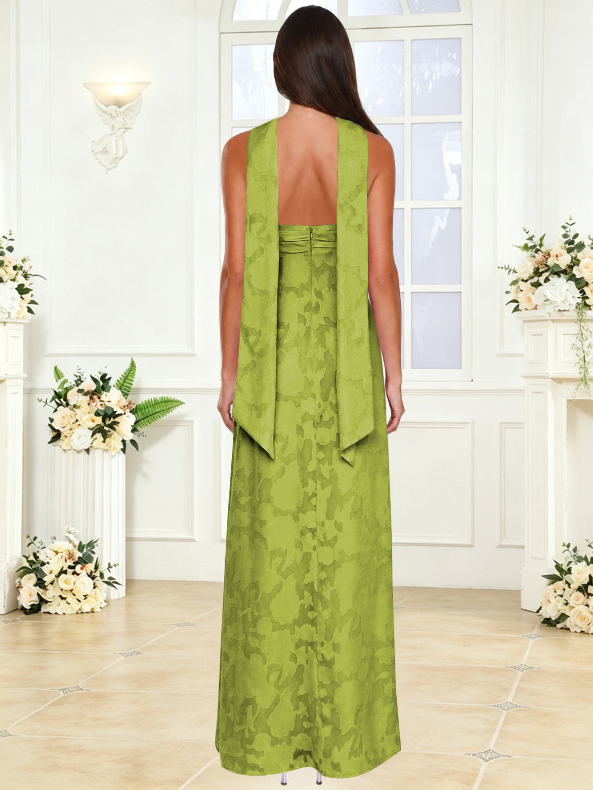 Spaghetti Strap Ruched Floral Jacquard A Line Bridesmaid Dress with Scarf