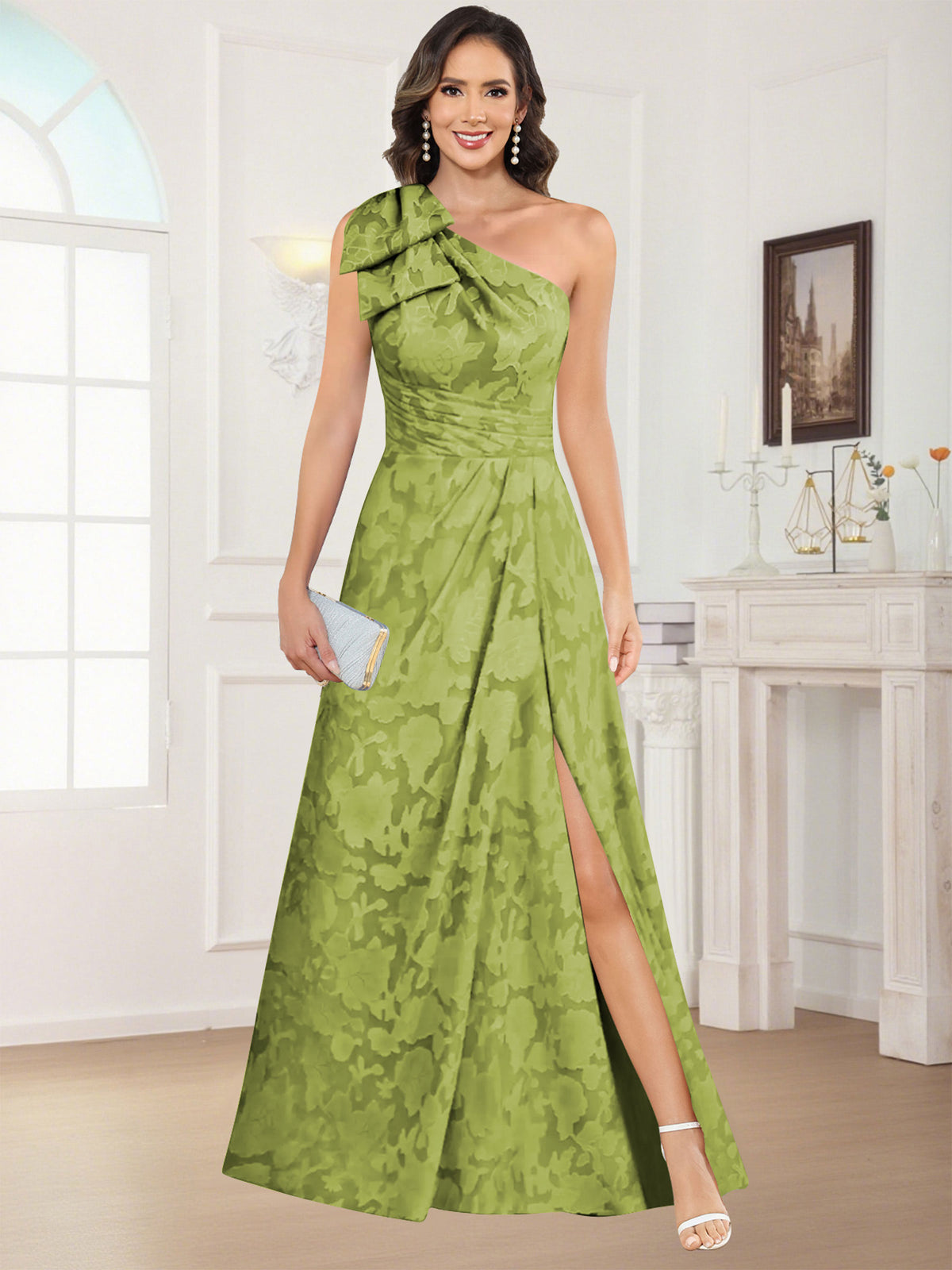 One Shoulder Floral Jacquard Mother of the Bride Dress