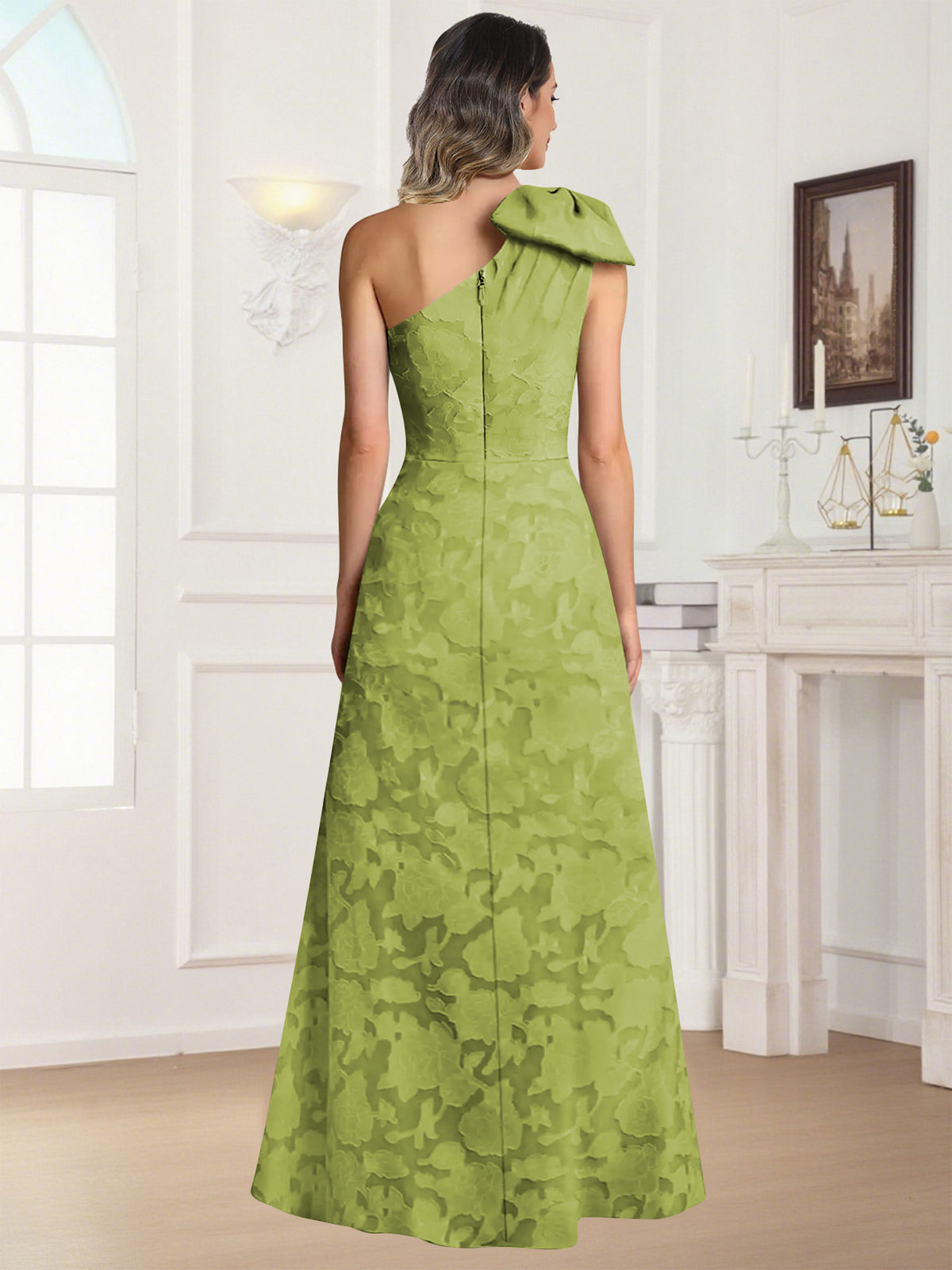 One Shoulder Floral Jacquard Mother of the Bride Dress