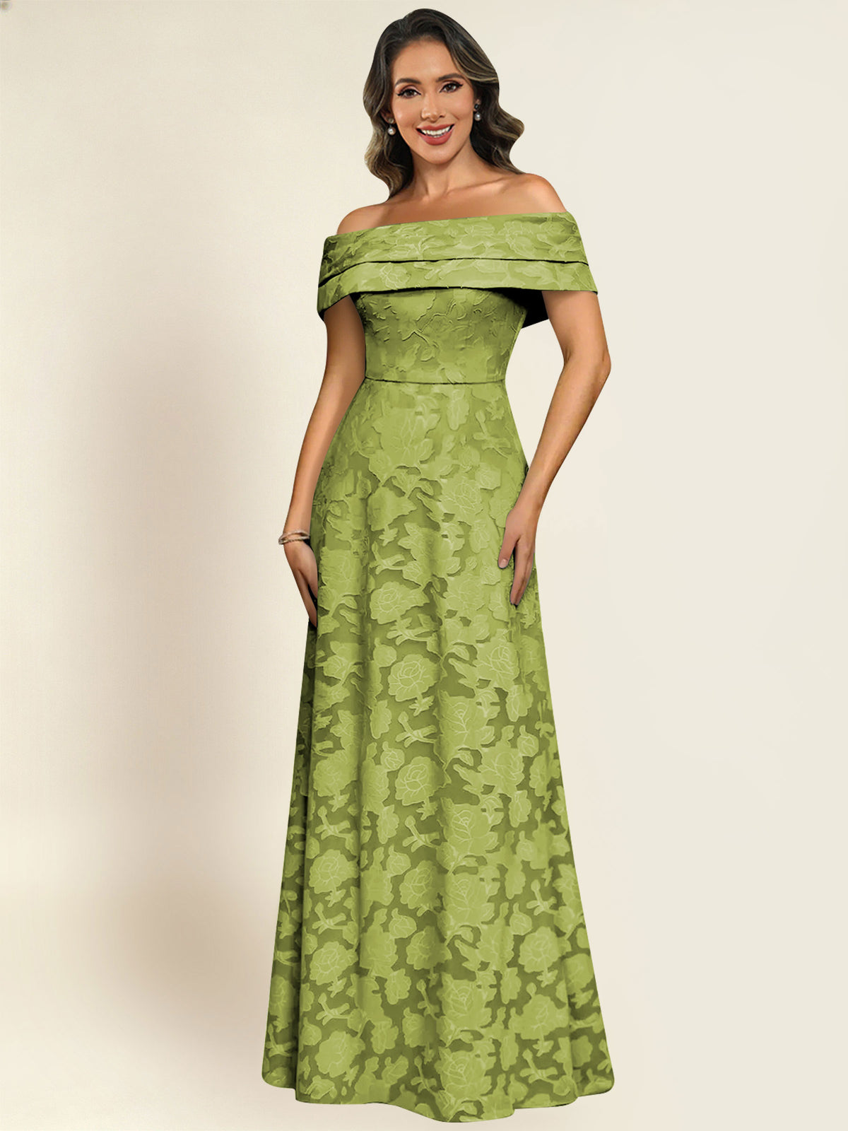 ROVDESY Off the Shoulder Floral Jacquard A-Line Long Mother of the Bride Dress