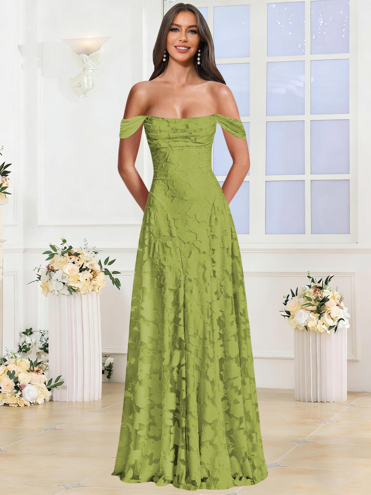Off the Shoulder Floral Ruched A-line Bridesmaid Dress