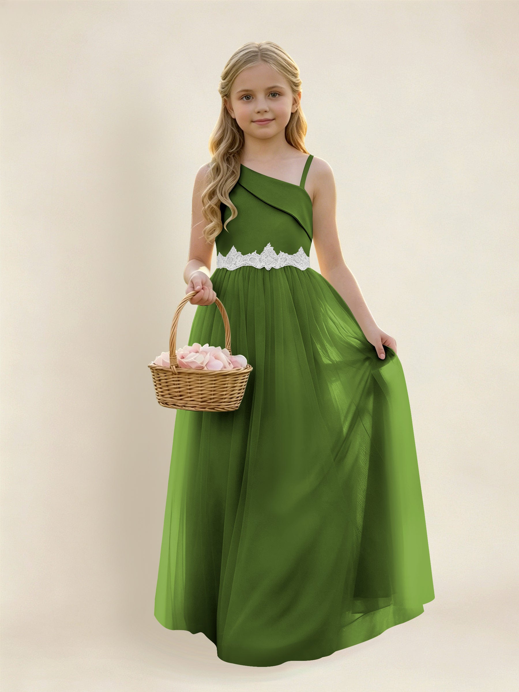 ROVDESY Asymmetric One Shoulder  Satin  Tulle Junior Bridesmaid Dress