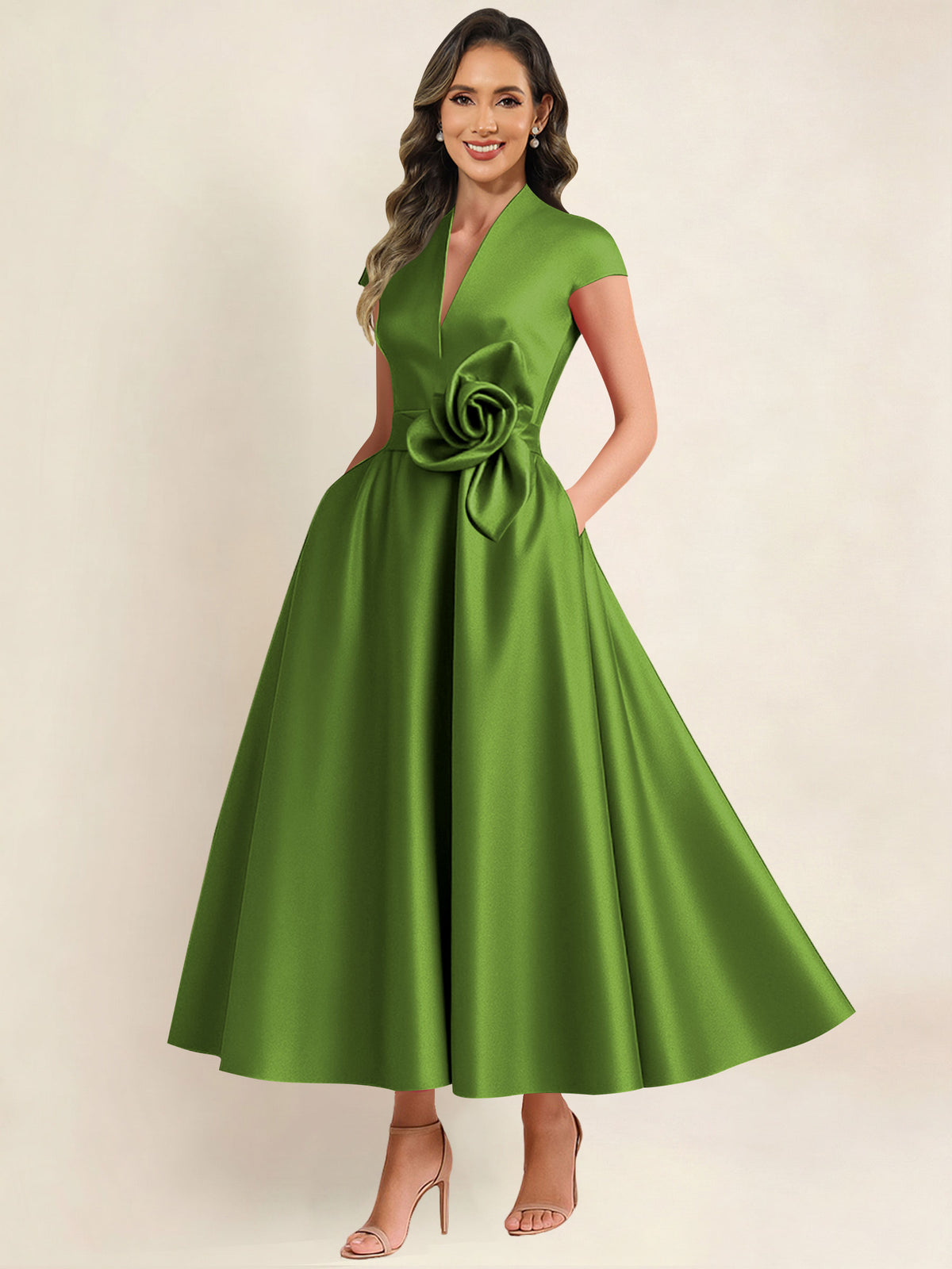 A Line V Neck 3D Flower Satin Mother of the Bride Dress