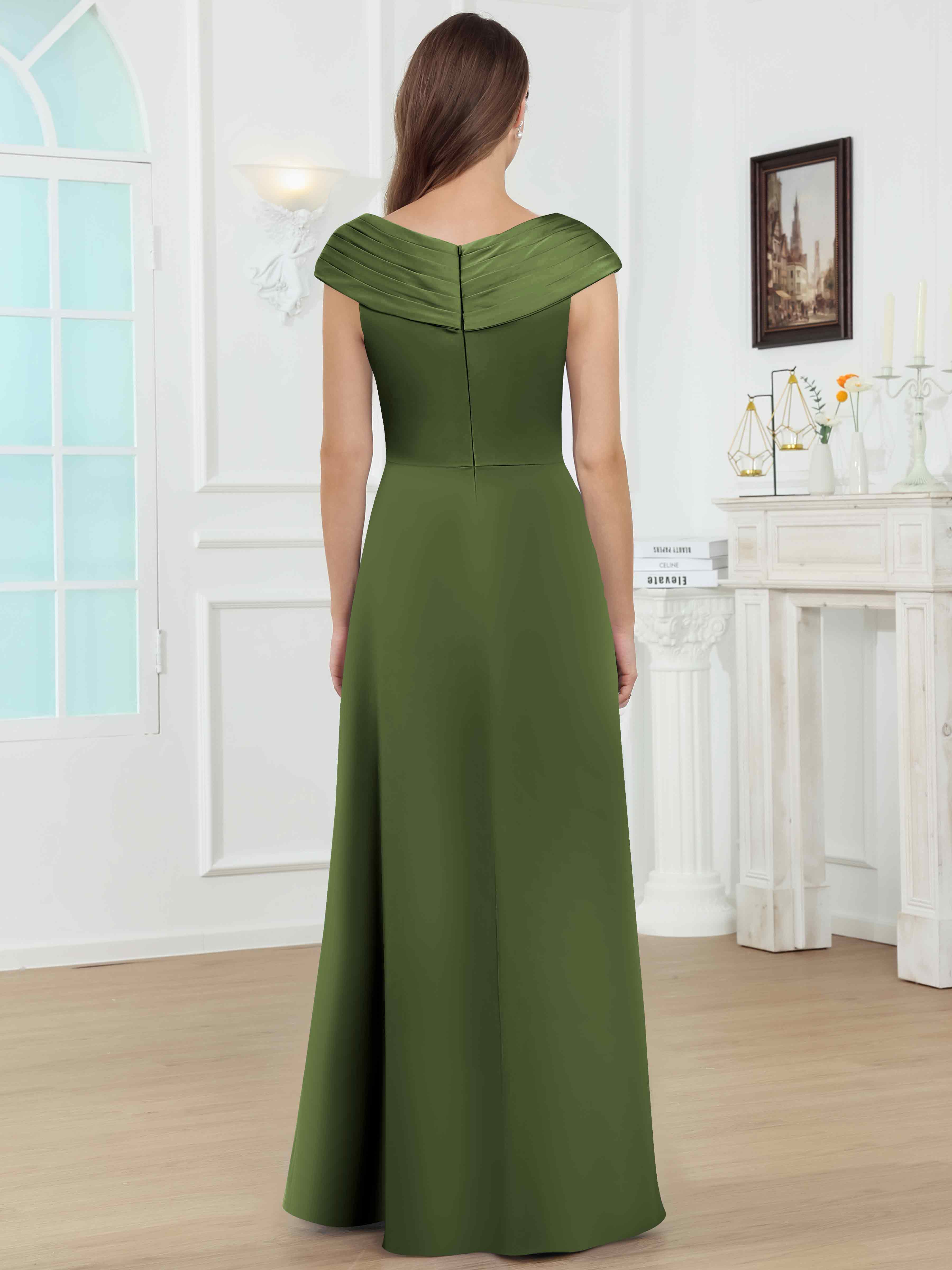 ROVDESY V-Neck Off The Shoulder Pleated Satin Mother Of The Bride Dress With Slit
