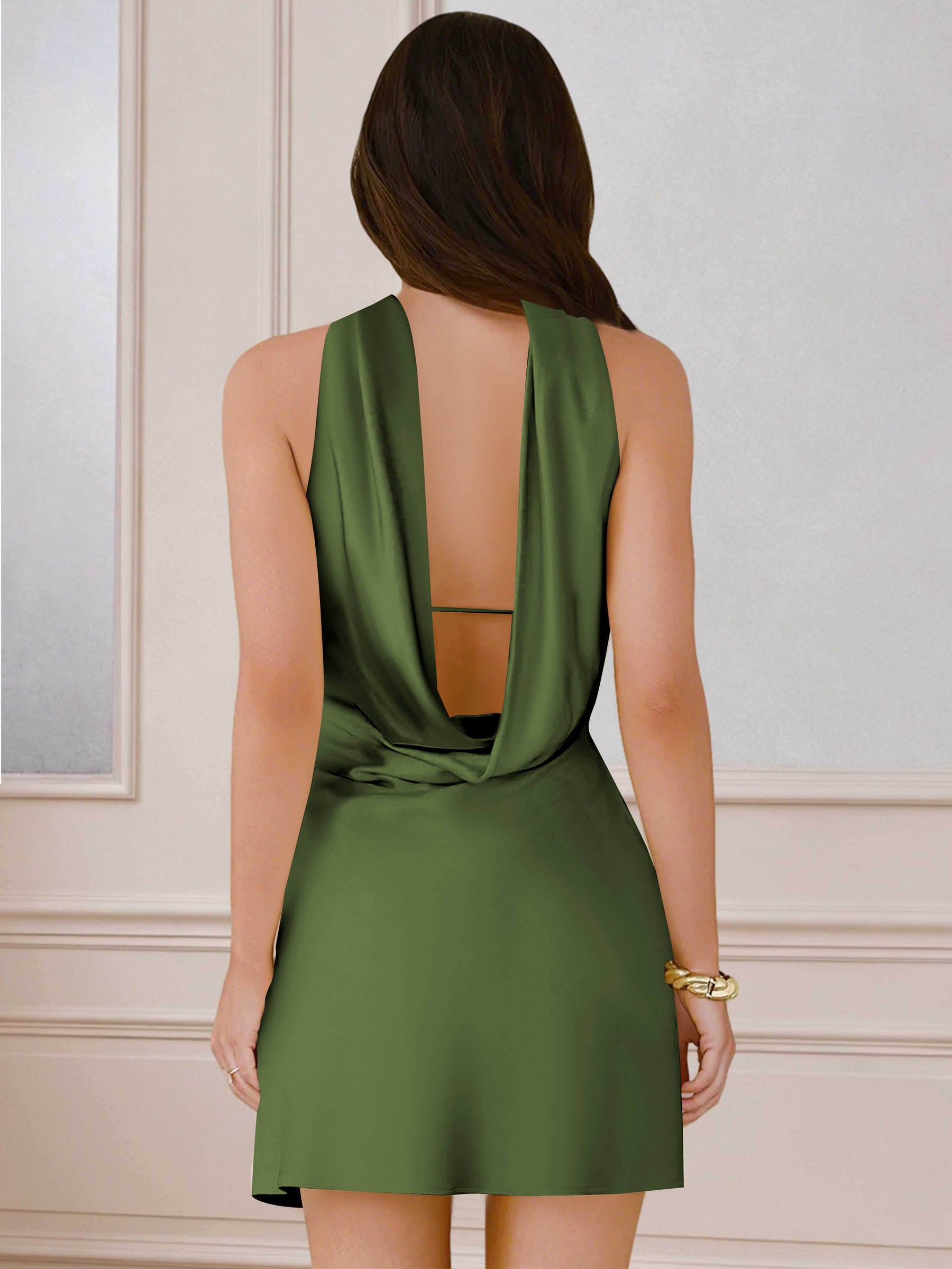 ROVDESY A-Line Halter Neck Satin Homecoming Mini Dress