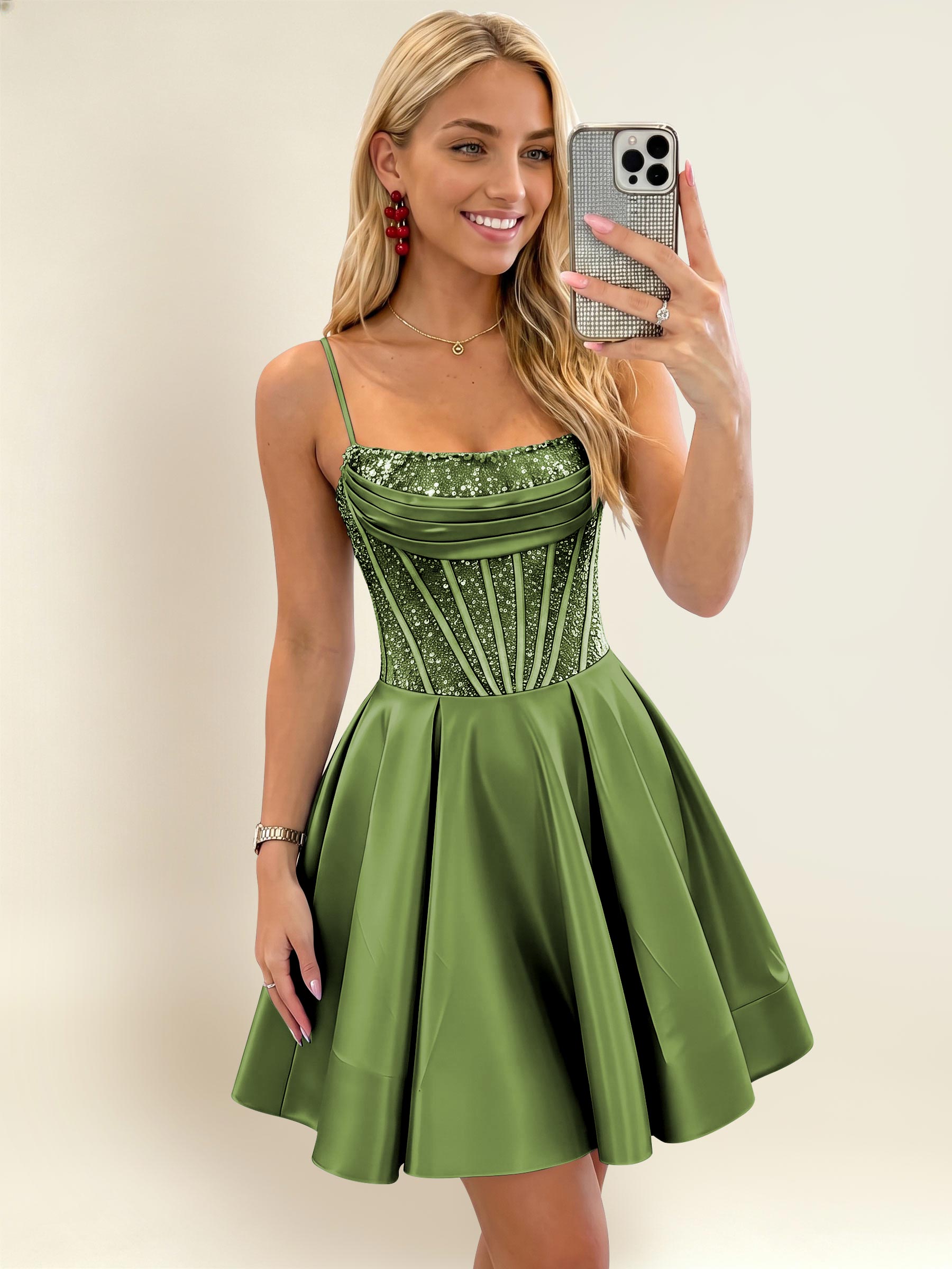ROVDESY A-Line Spaghetti Strap Sequin Corset Satin Homecoming Mini Dress