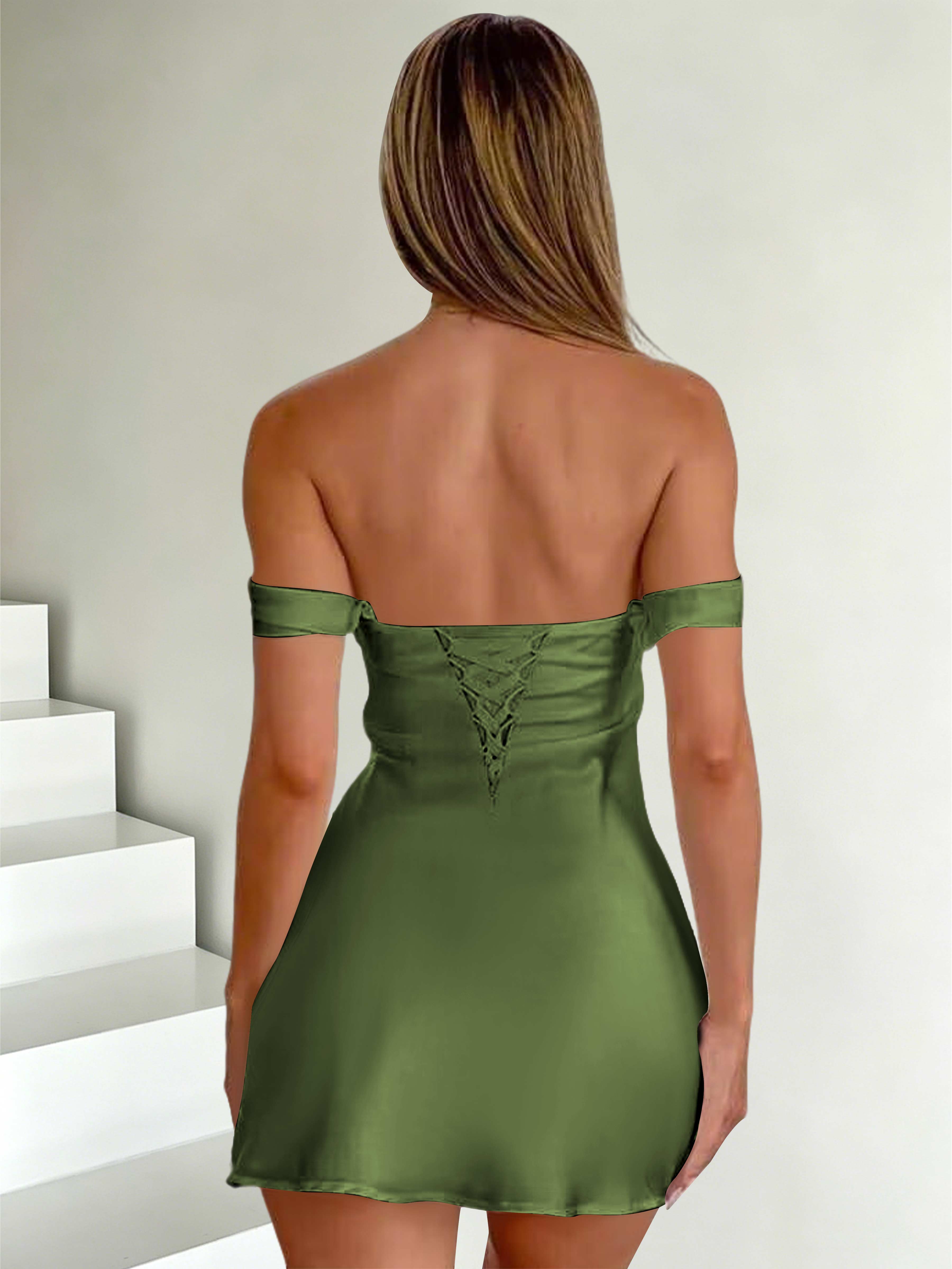 ROVDESY Off The Shoulder A-Line Pleated Satin Homecoming Mini Dress