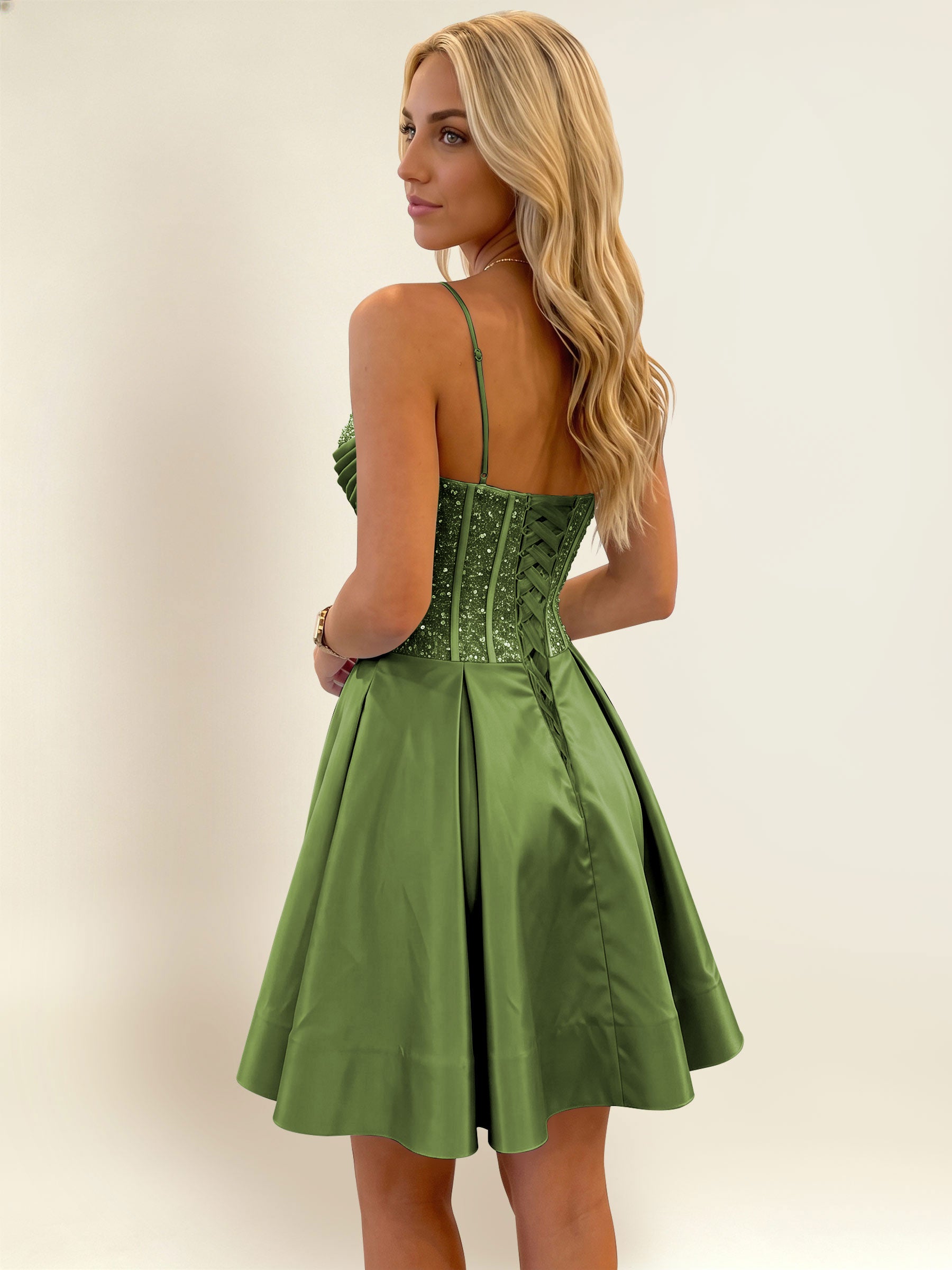 ROVDESY A-Line Spaghetti Strap Sequin Corset Satin Homecoming Mini Dress
