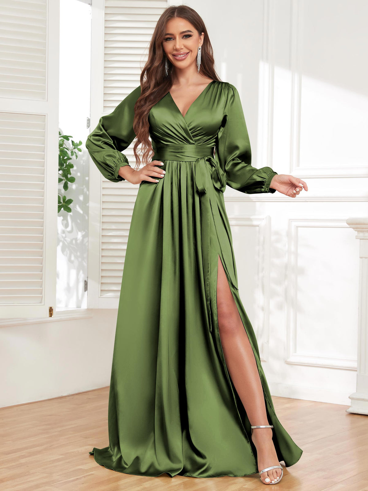 V Neck Satin Long Sleeve Bridesmaid Dress with Slit