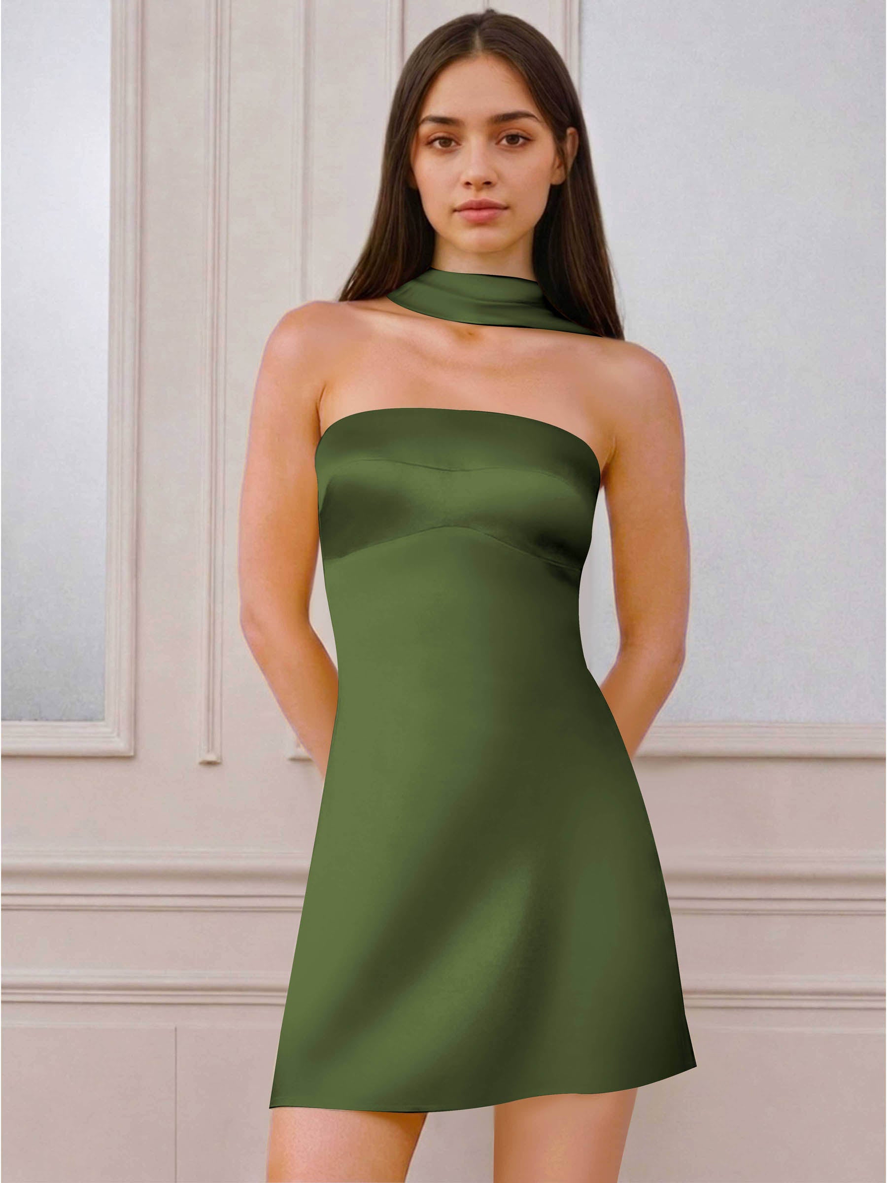 ROVDESY A-Line Halter Neck Satin Homecoming Mini Dress