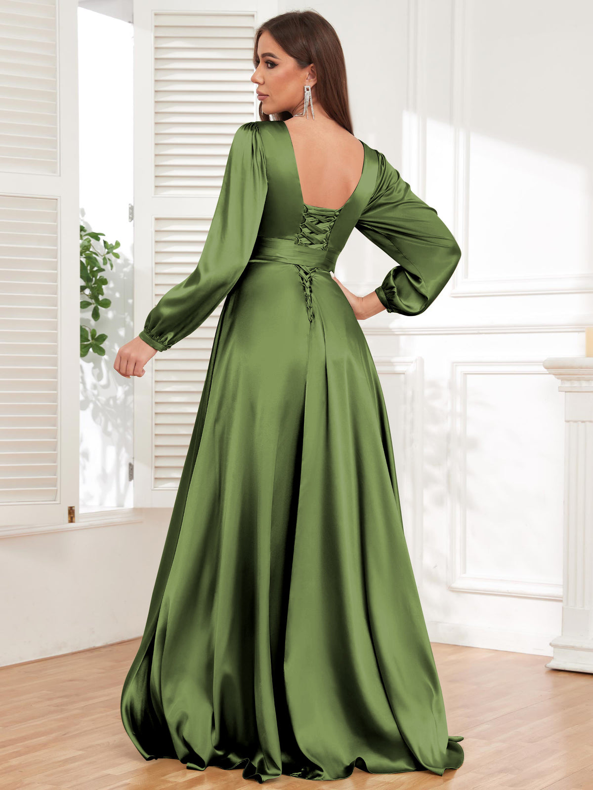 V Neck Satin Long Sleeve Bridesmaid Dress with Slit