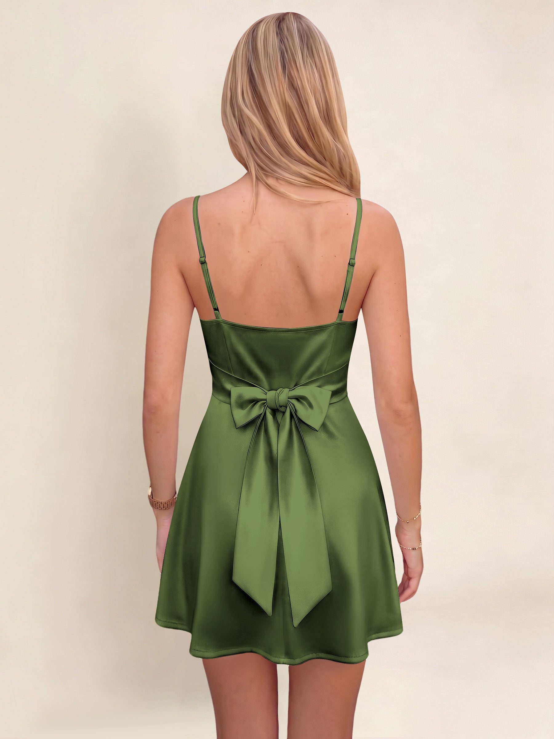 ROVDESY A-Line Spaghetti Strap Cowl Neck Satin Mini Homecoming Dress With Bow