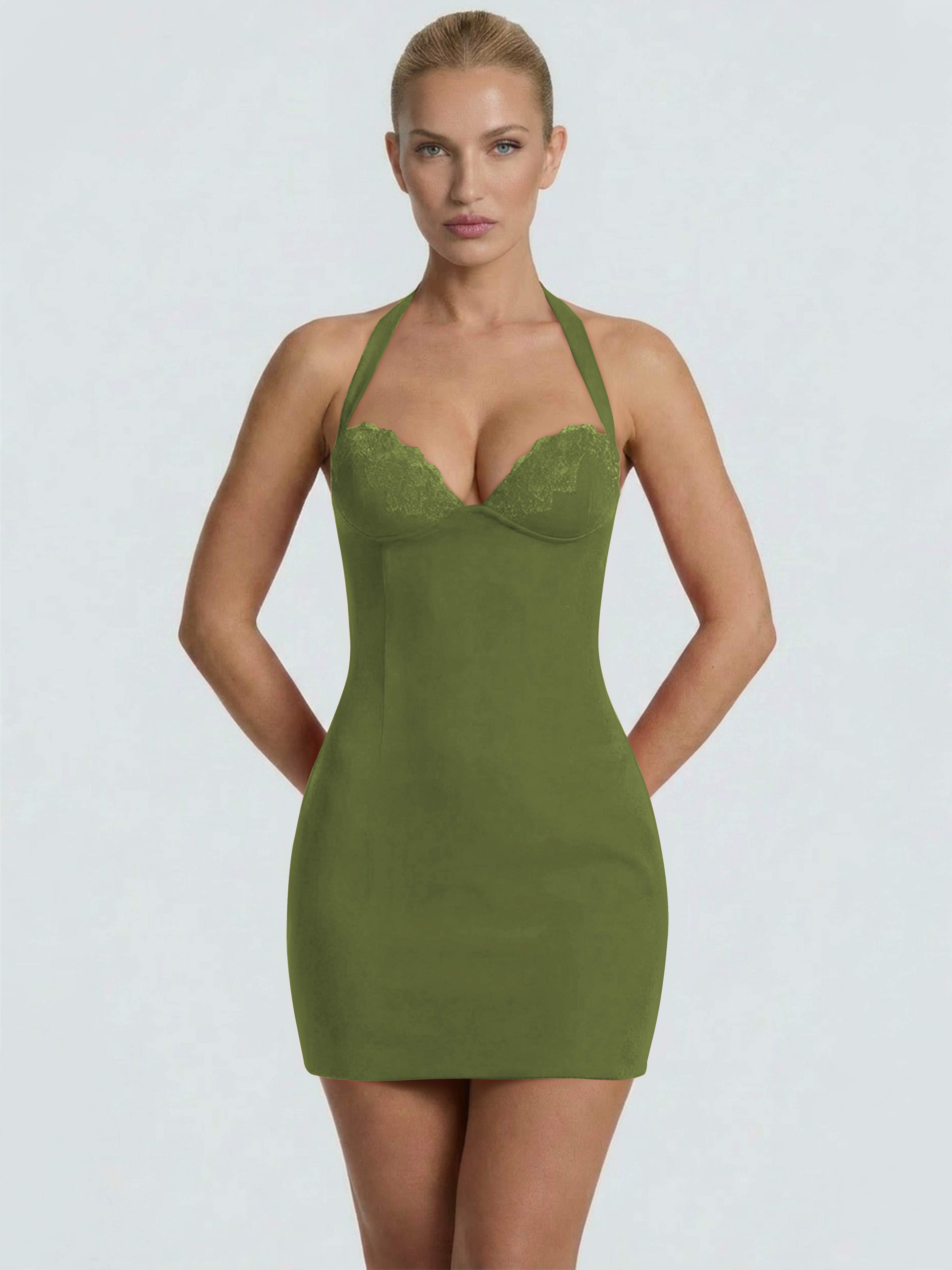 ROVDESY Halter Lace Satin Tight Homecoming Mini Dress