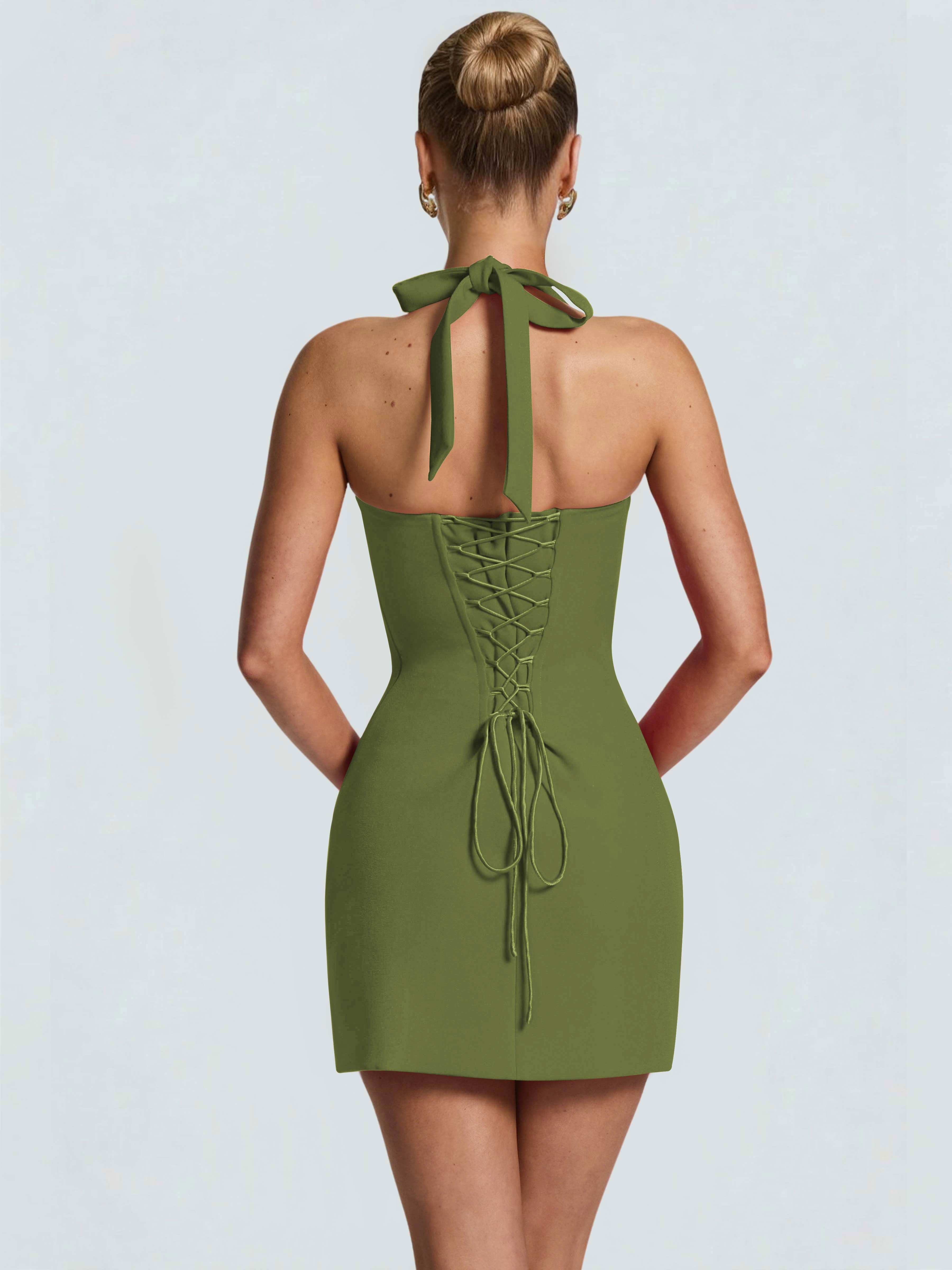 ROVDESY Halter Lace Satin Tight Homecoming Mini Dress