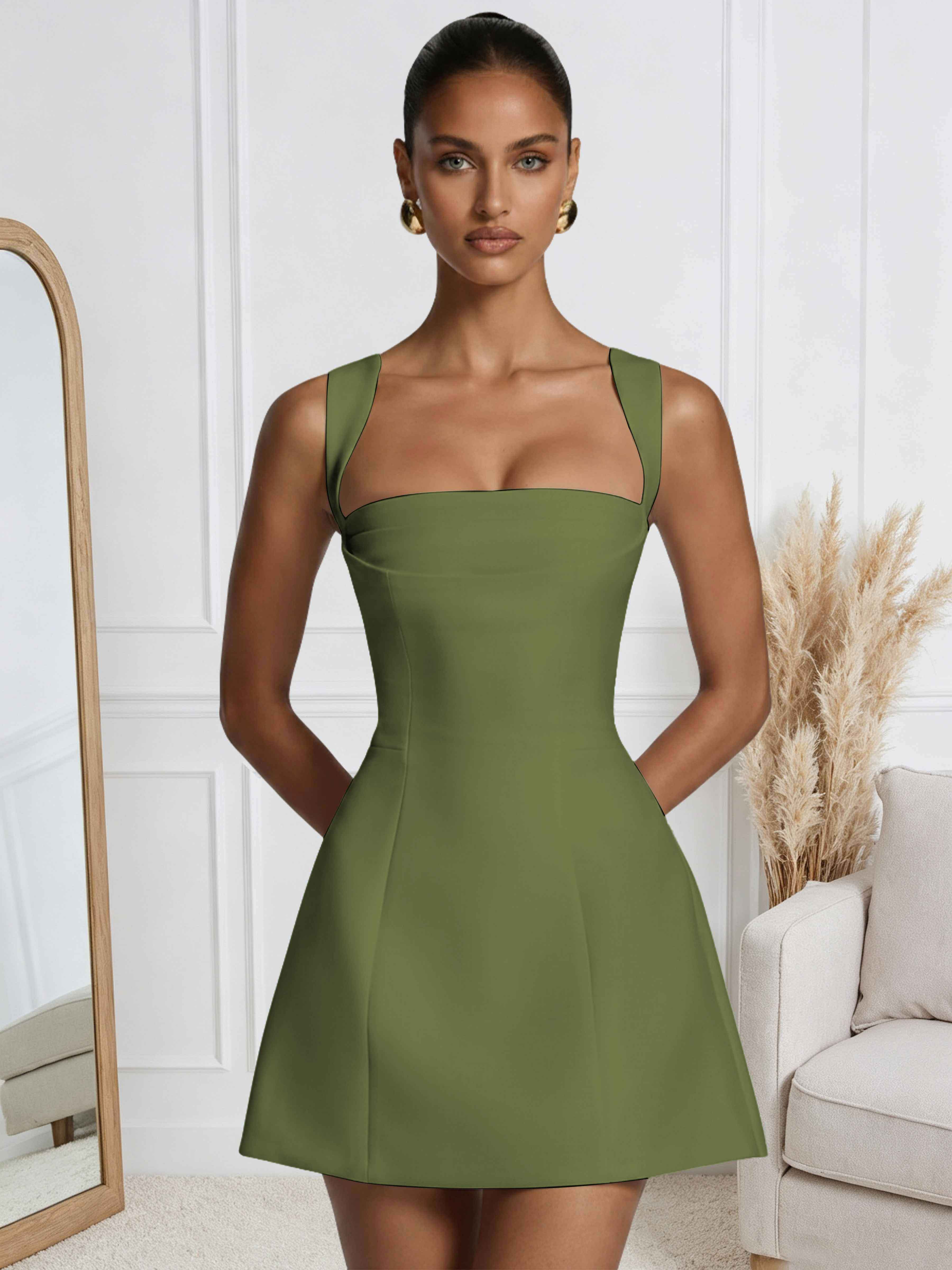 ROVDESY A-Line Square Neck Satin Homecoming Mini Dress