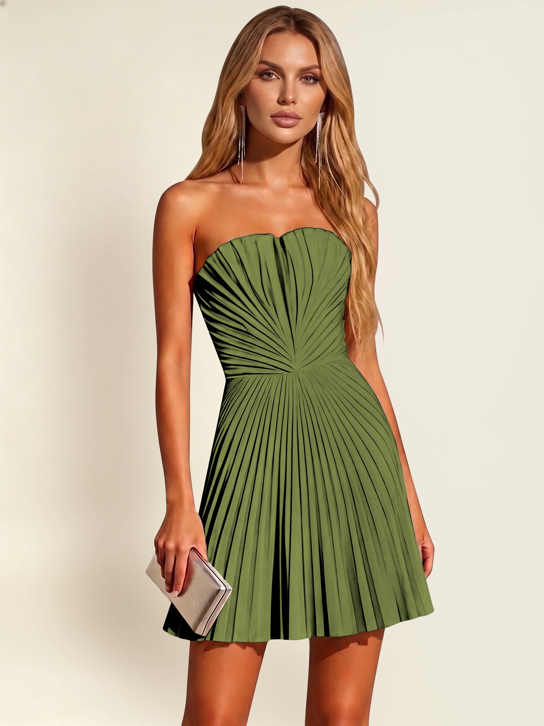 ROVDESY A-Line Strapless Pleated Satin Homecoming Mini Dress