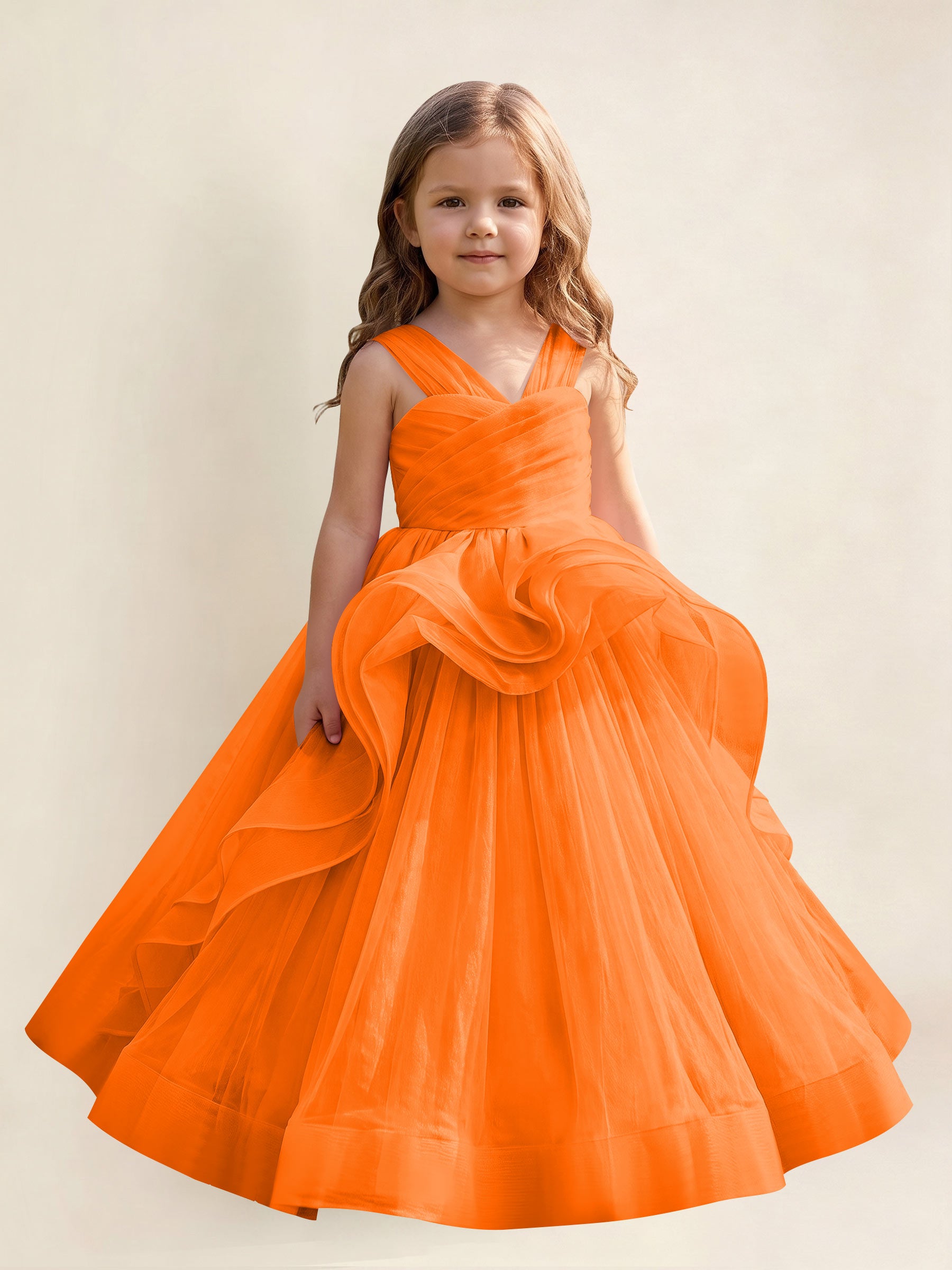 ROVDESY A-Line V-Neck Tulle Flower Girl Dress With Sleeveless Long Ball Gown Dress