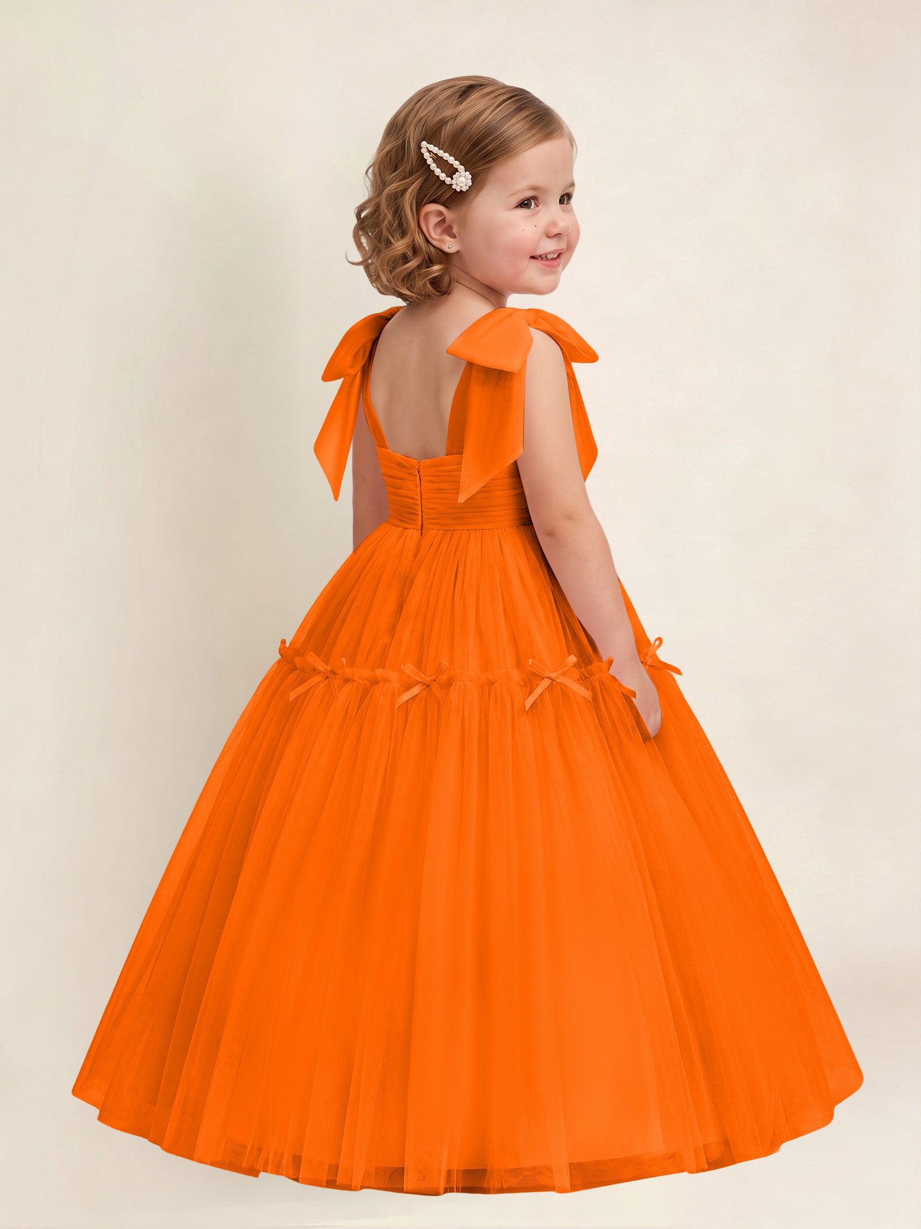 ROVDESY A-Line Tulle Flower Girl Dress With Bow Long Ball Gown Dress