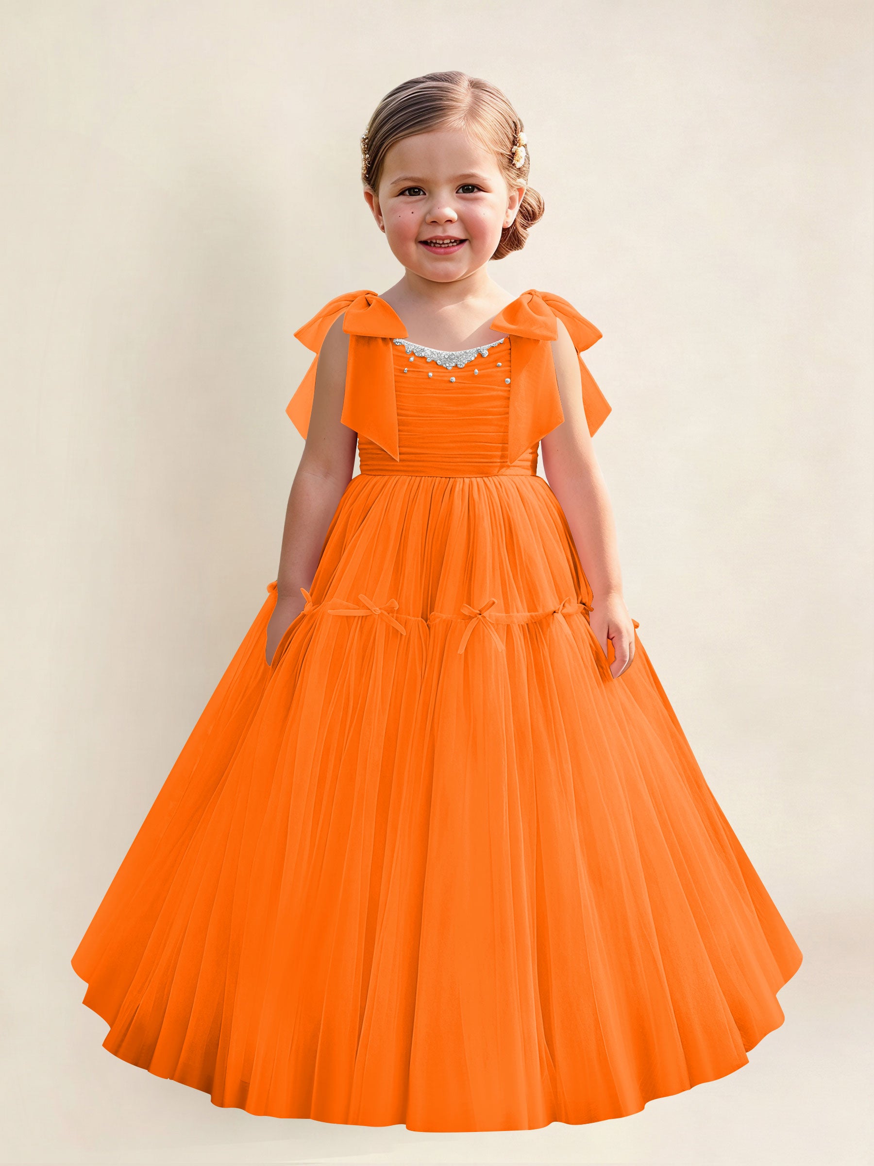 ROVDESY A-Line Tulle Flower Girl Dress With Bow Long Ball Gown Dress
