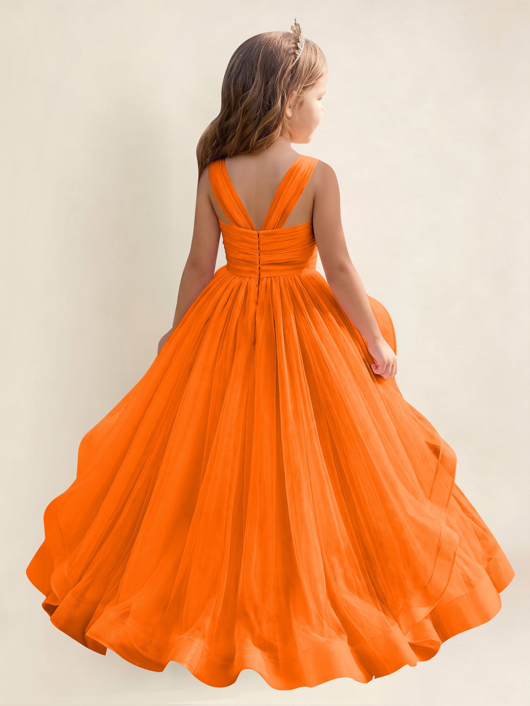 ROVDESY A-Line V-Neck Tulle Flower Girl Dress With Sleeveless Long Ball Gown Dress