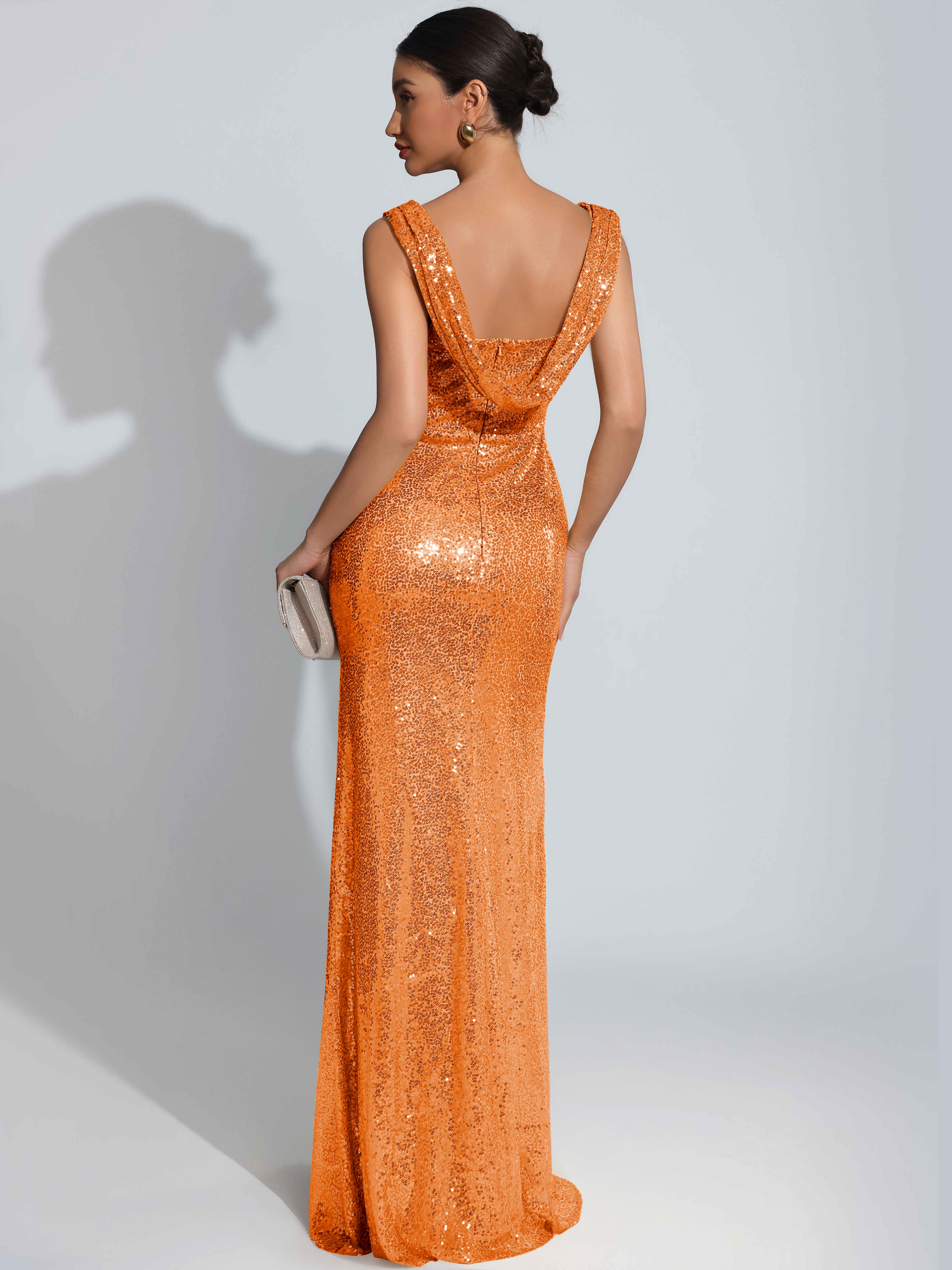 ROVDESY Sparkly Bateau Mermaid Ruched Sequin Long Prom Dress with Slit