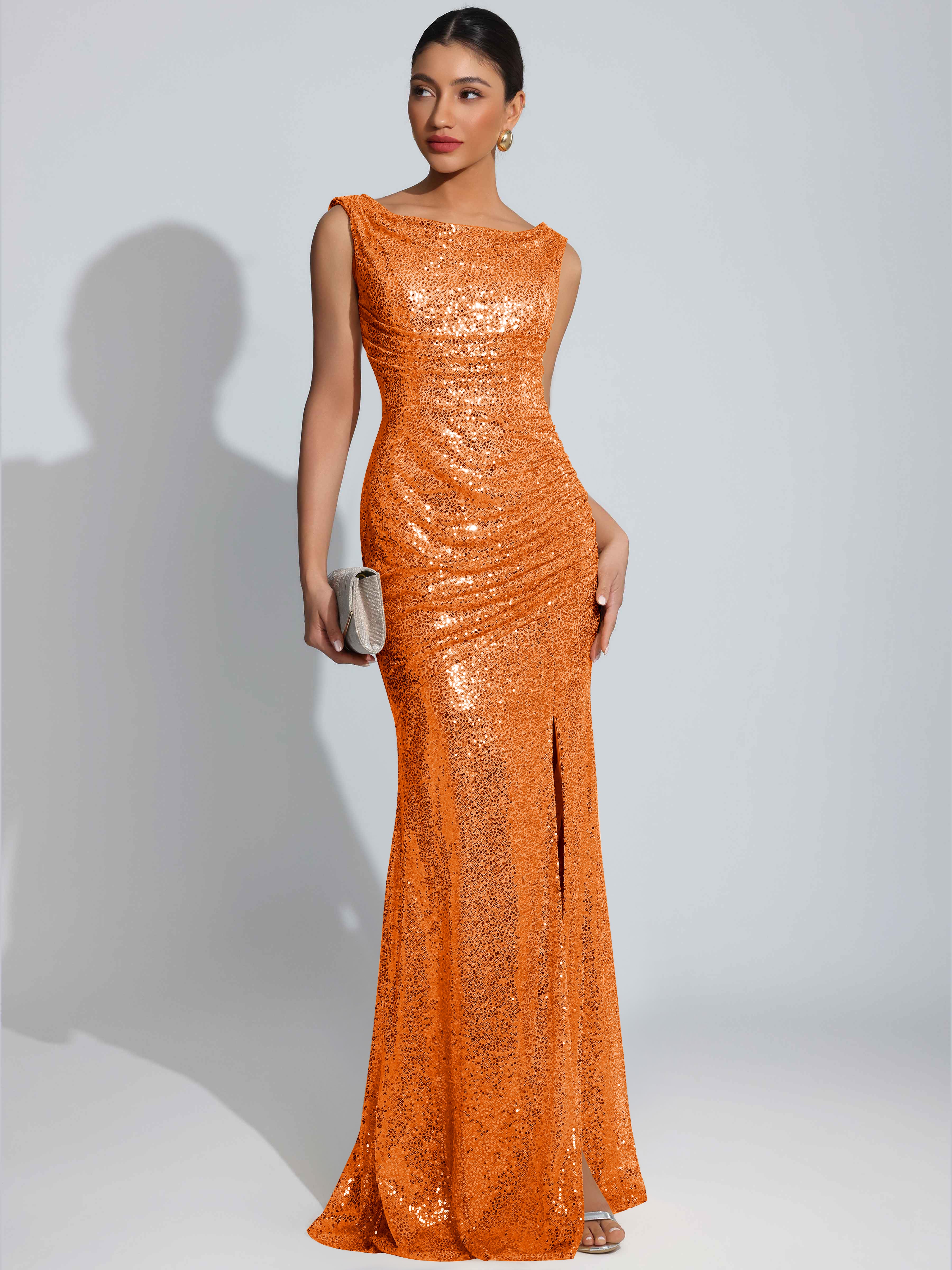 ROVDESY Sparkly Bateau Mermaid Ruched Sequin Long Prom Dress with Slit