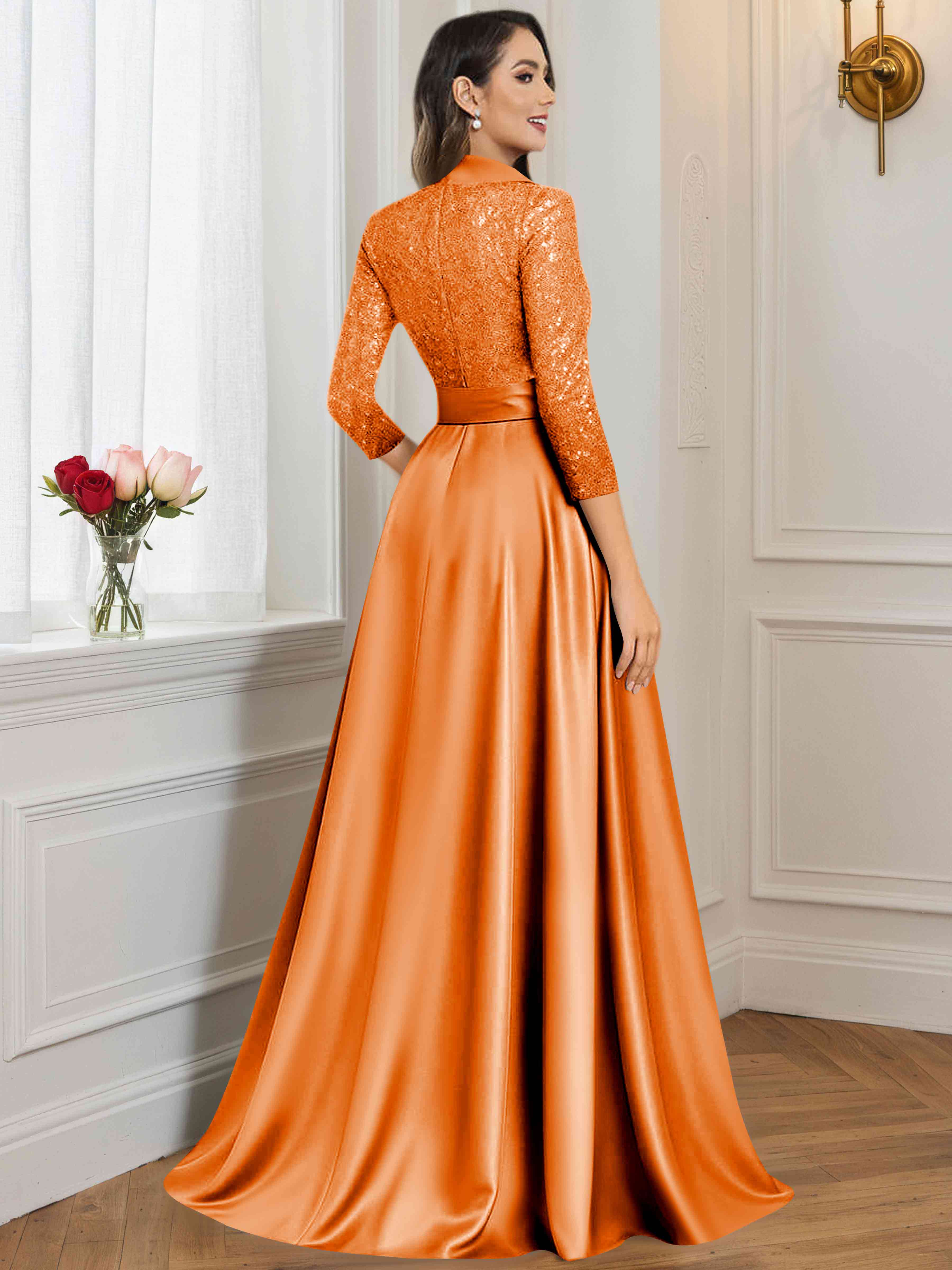 ROVDESY A-Line V Neck Sequin Satin  Long Mother of The Bride Dress Formal Gown With 3/4 Sleeves