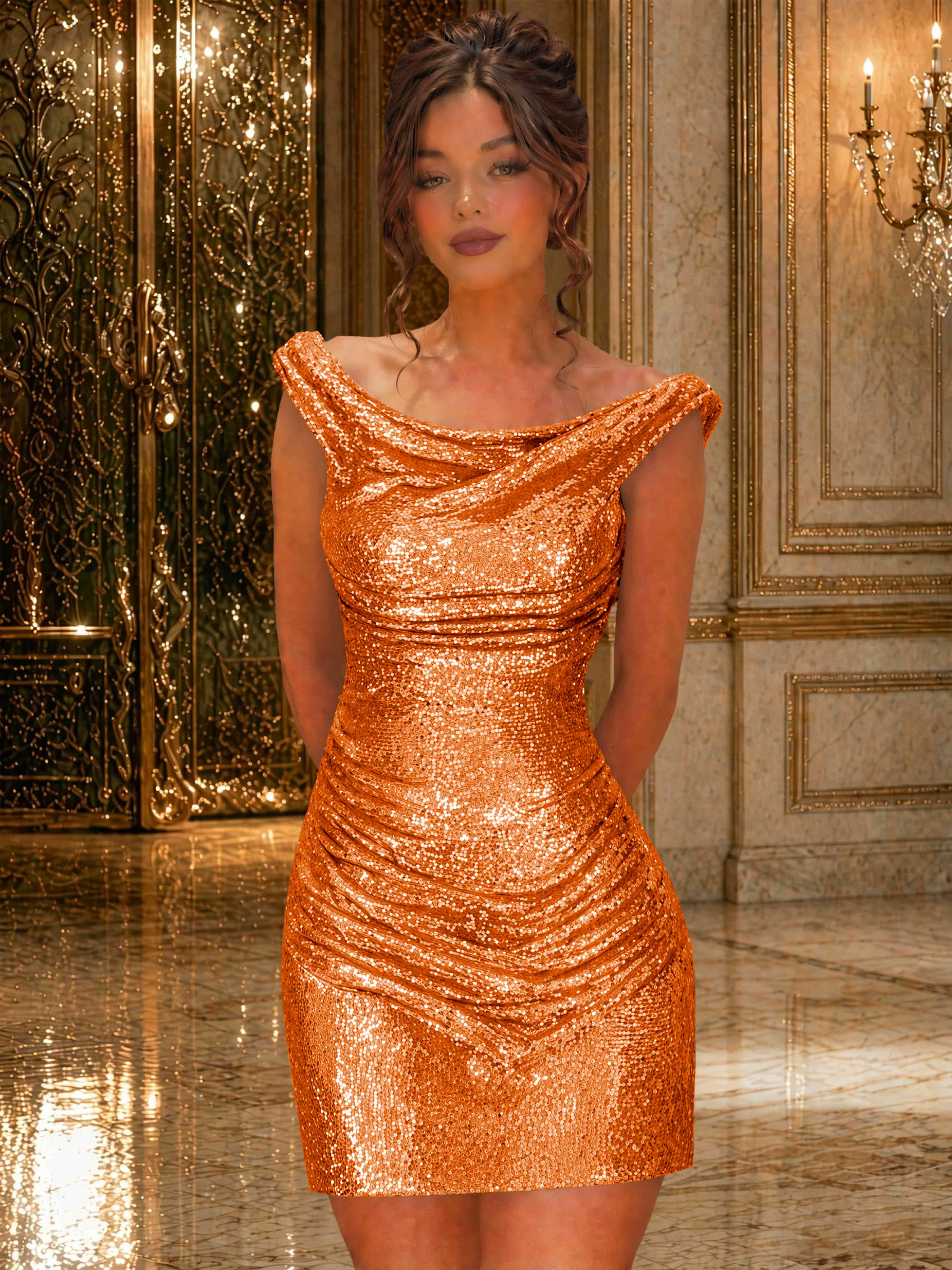 ROVDES Sparkly Off The Shoulder Ruched Sequin Tight Homecoming Mini Dress