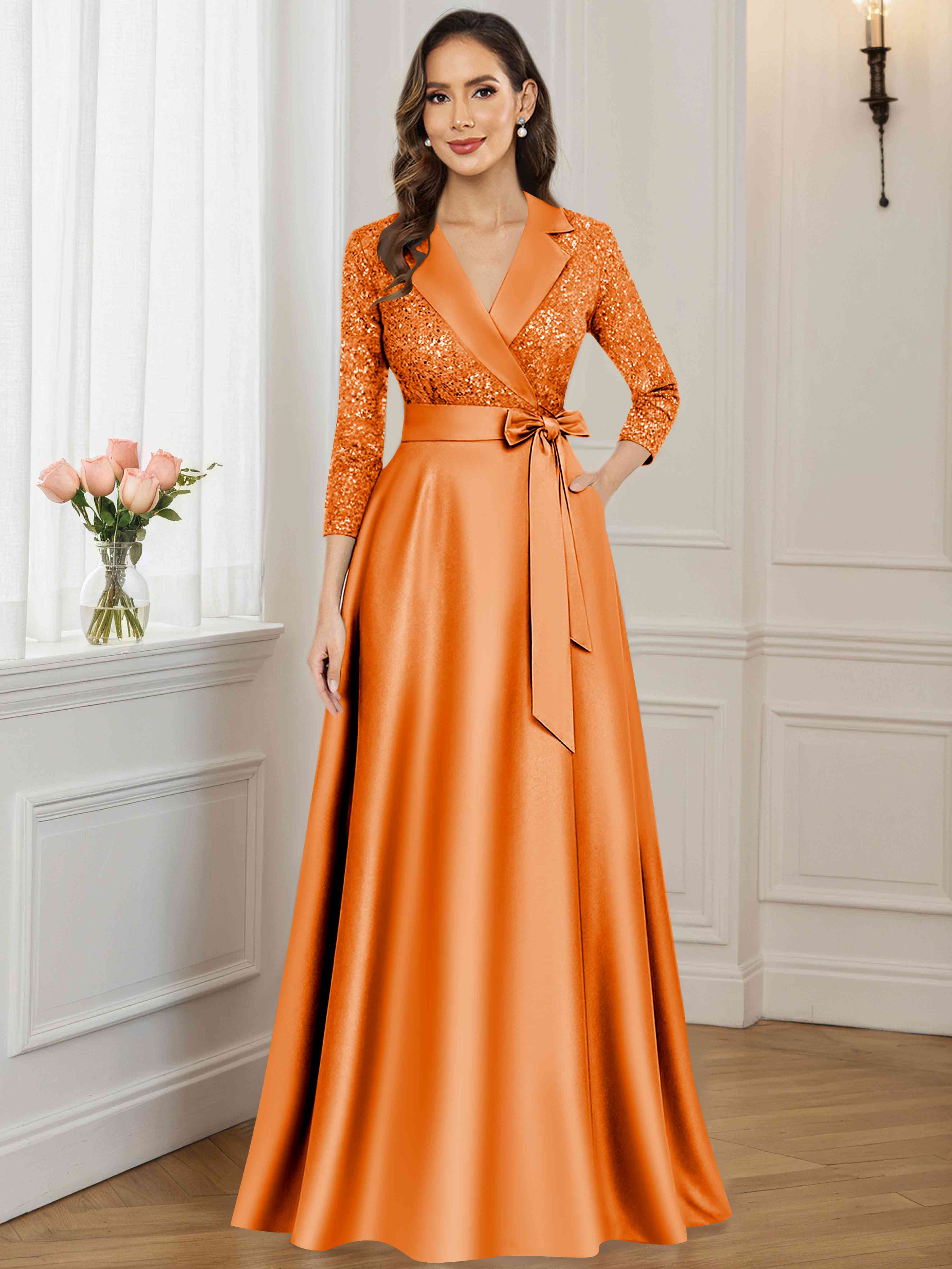 ROVDESY A-Line V Neck Sequin Satin  Long Mother of The Bride Dress Formal Gown With 3/4 Sleeves