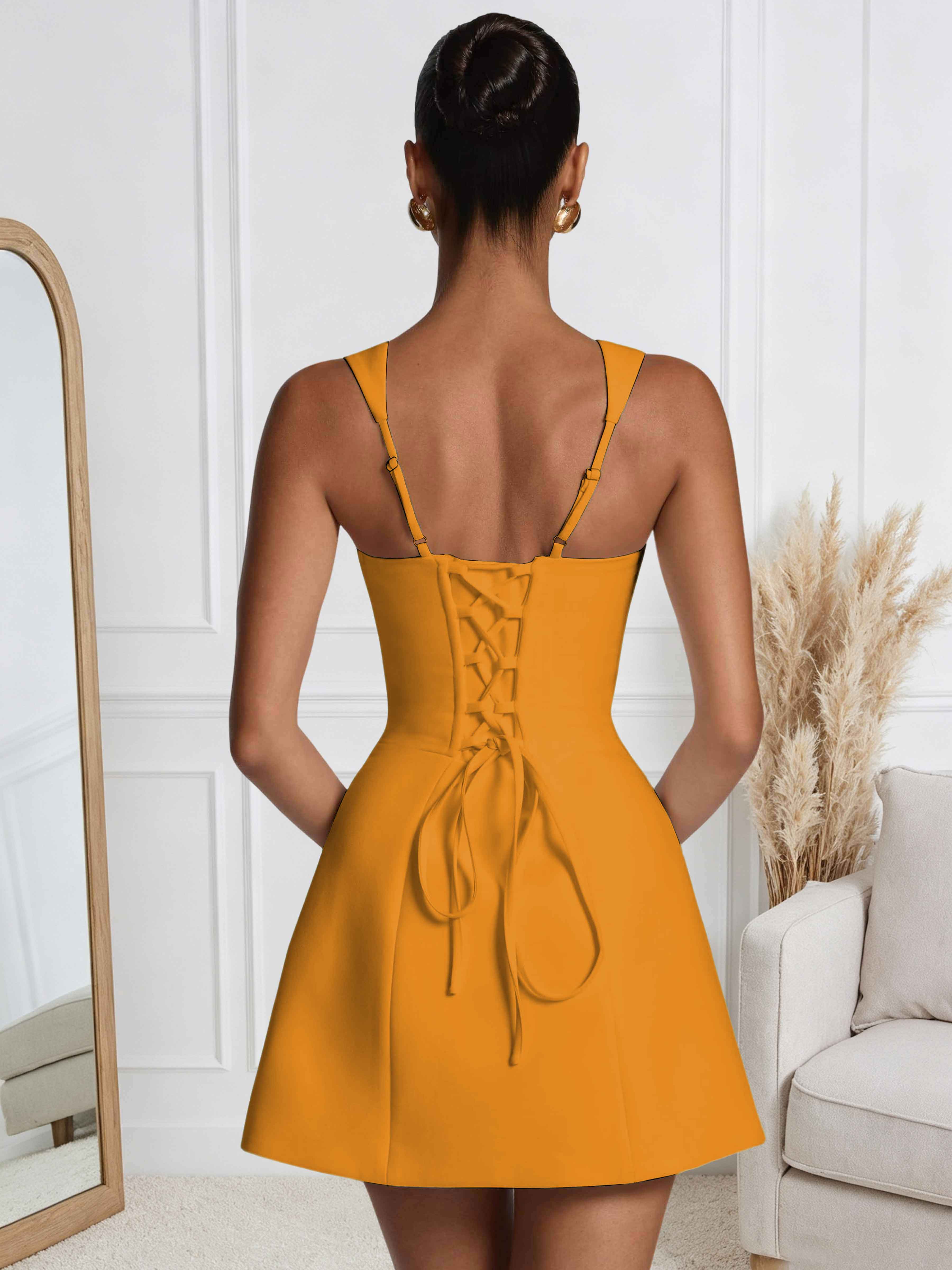 ROVDESY A-Line Square Neck Satin Homecoming Mini Dress
